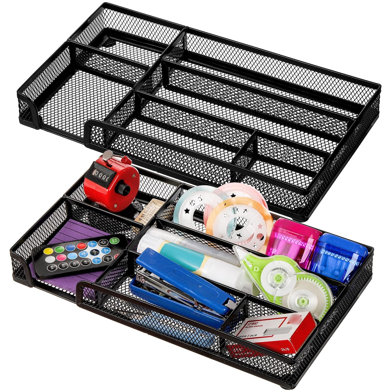 2 Pack Desk Drawer Organizer, Metal Mesh Drawer Office Tray, 6 Compartments P…