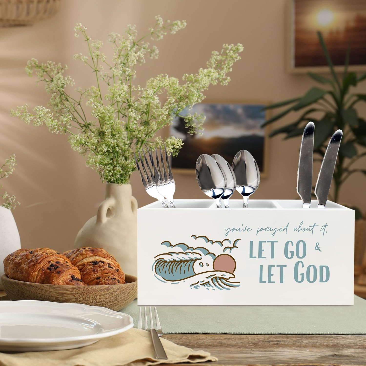 Boho Coastal Beach Christian Pen Holder for Desk, Bible Verse Wooden Sign Des…