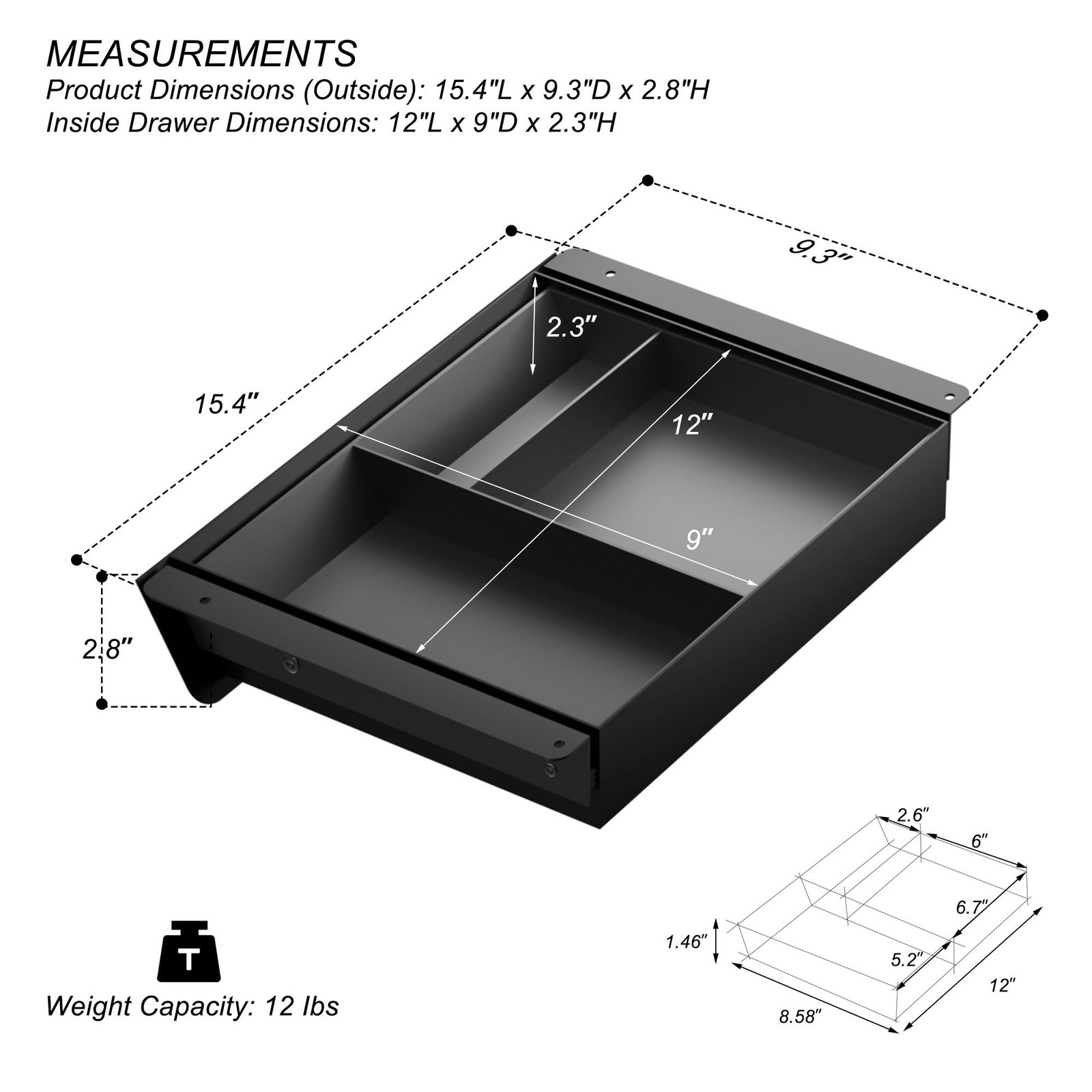 Under Desk Drawer with Removable Tray, 15.4″ Wide 2-in-1 Organizer – 60° Ergo…