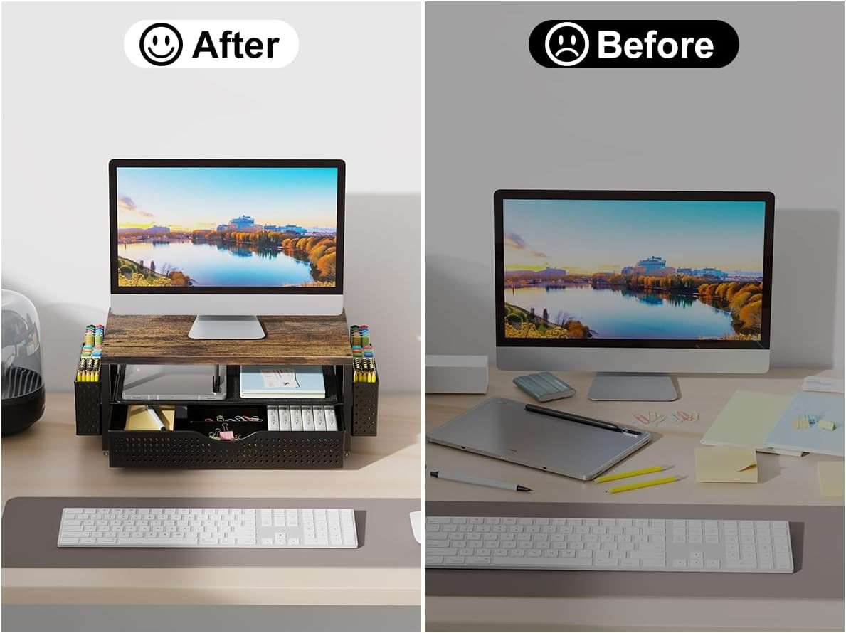 Gianotter Desk Organizers and Accessories, Monitor Stand with Drawer and 2 Pen H