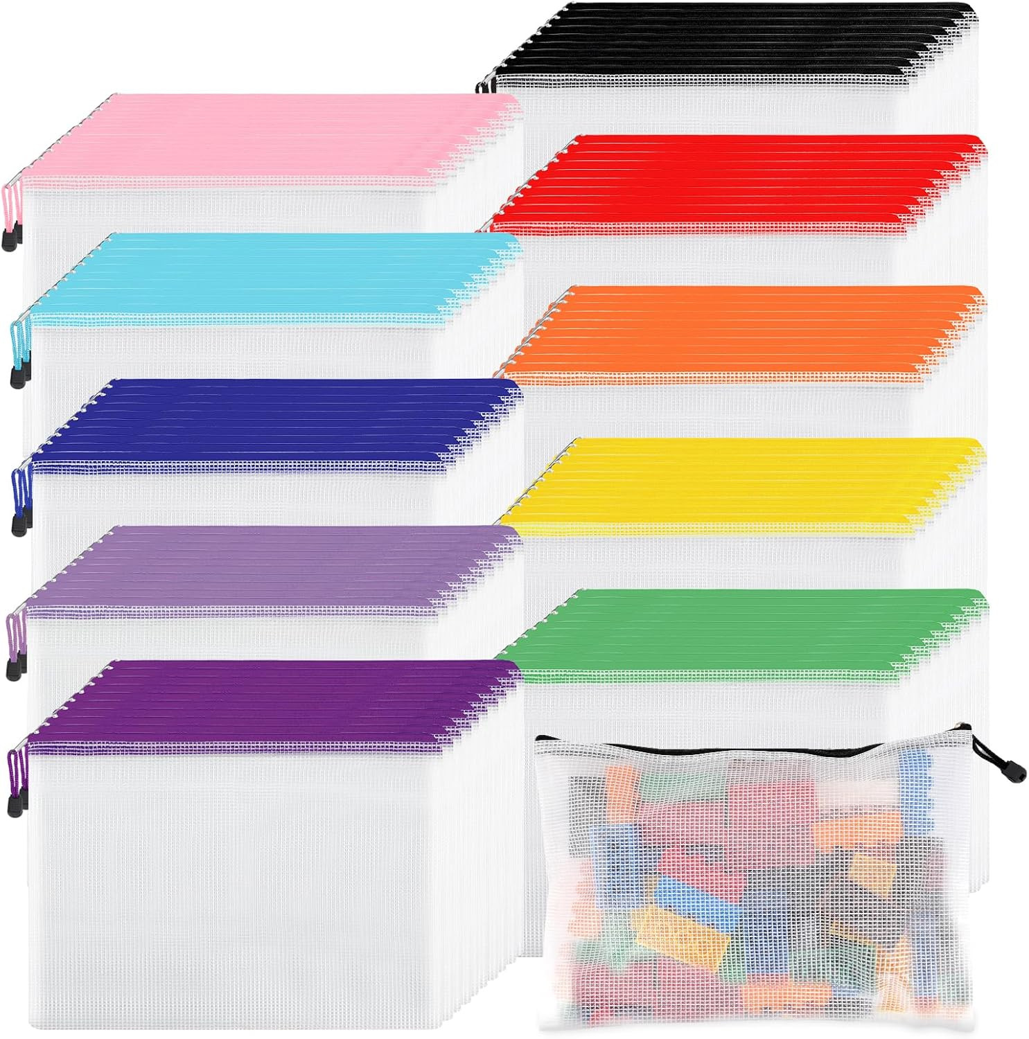 EOOUT 100Pcs Mesh Zipper Pouch, A4 Size, 10 Colors Zipper Bags for Organizing