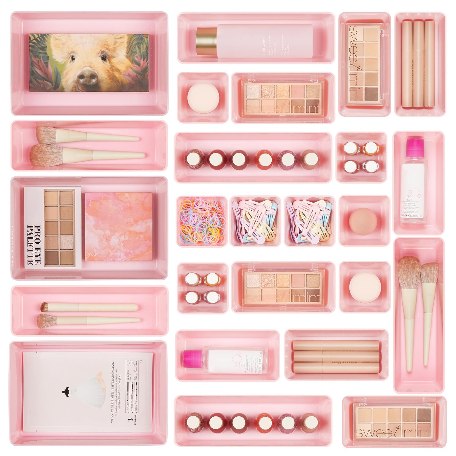 Vtopmart 25 PCS Plastic Drawer Organizers Set, 4-Size Versatile Bathroom Pink