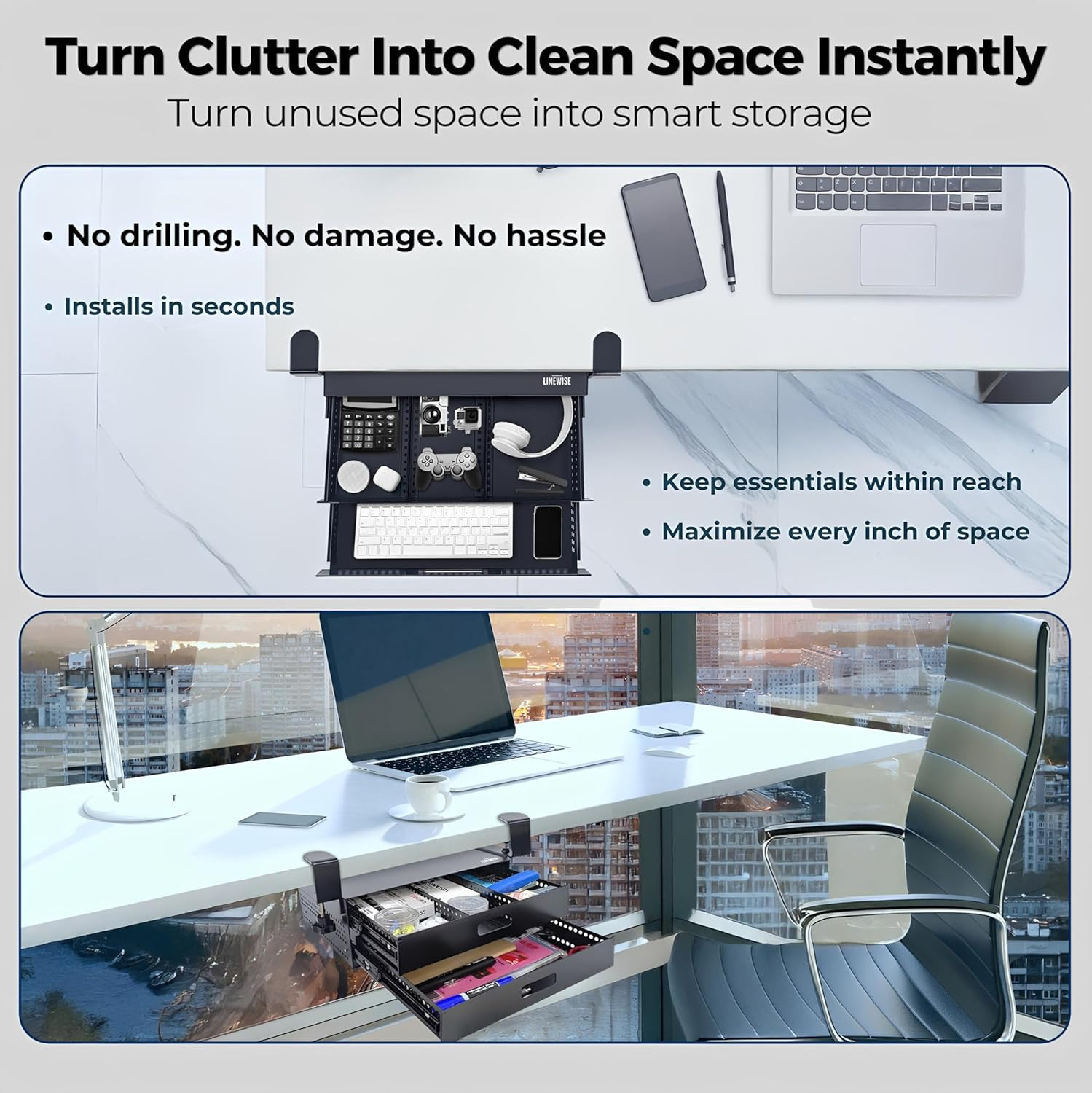 Under Desk Drawer – Clamp-On No-Drill Metal Organizer, Slide-Out Storage for Hom