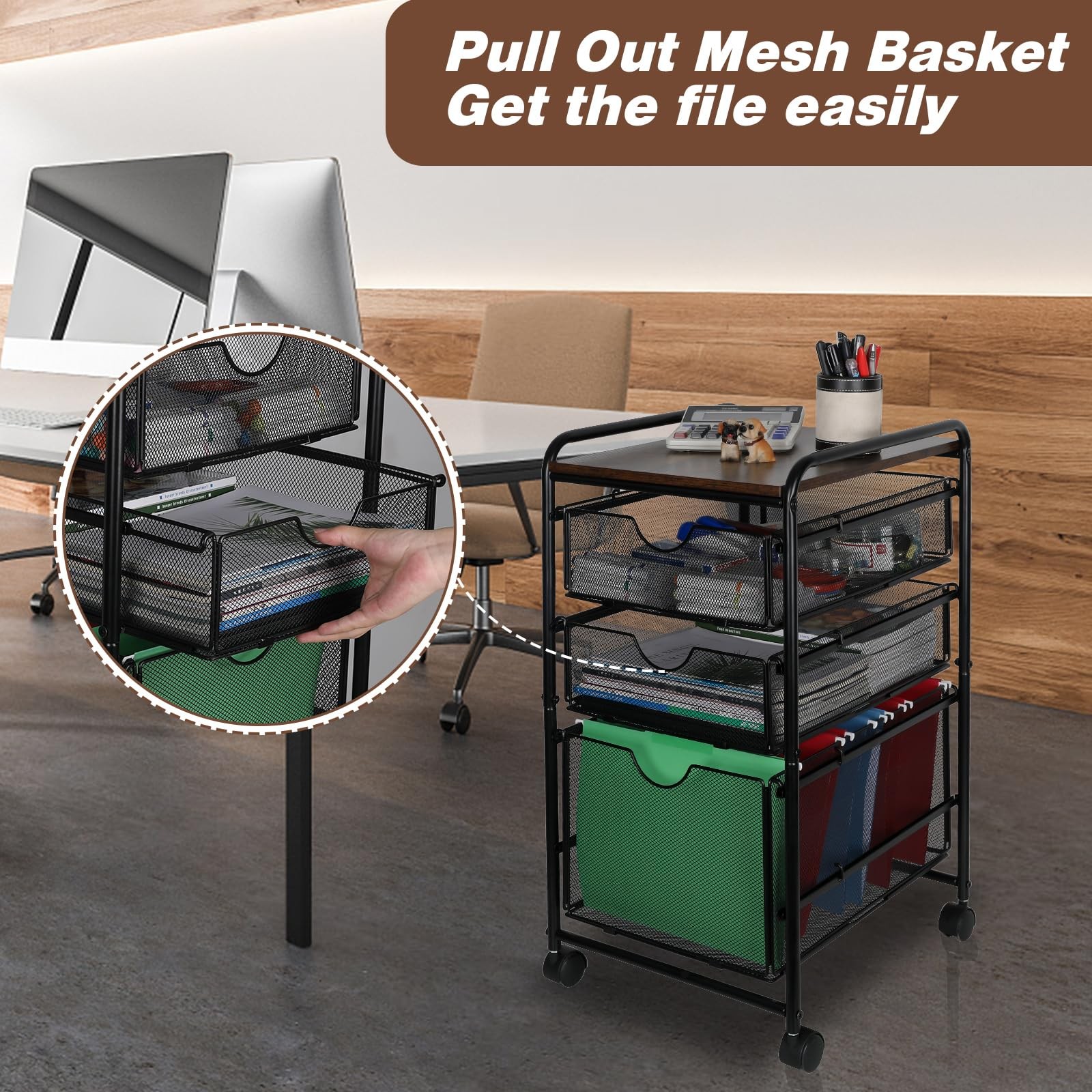 EasyPAG 3-Tier Rolling File Cart with 1 Large & 2 Small 3 Drawer, Black