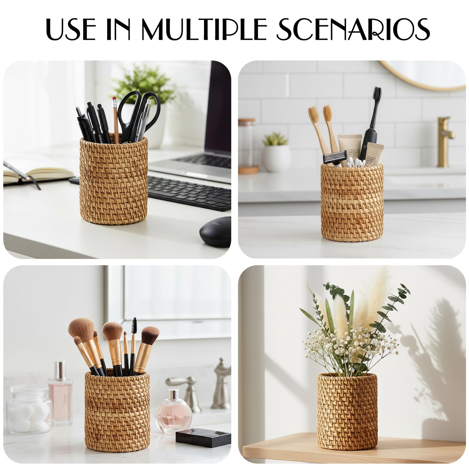 Wicker Rattan Pencil Holder, Cylindrical Desk Organizer Cup, Natural Brown, f…