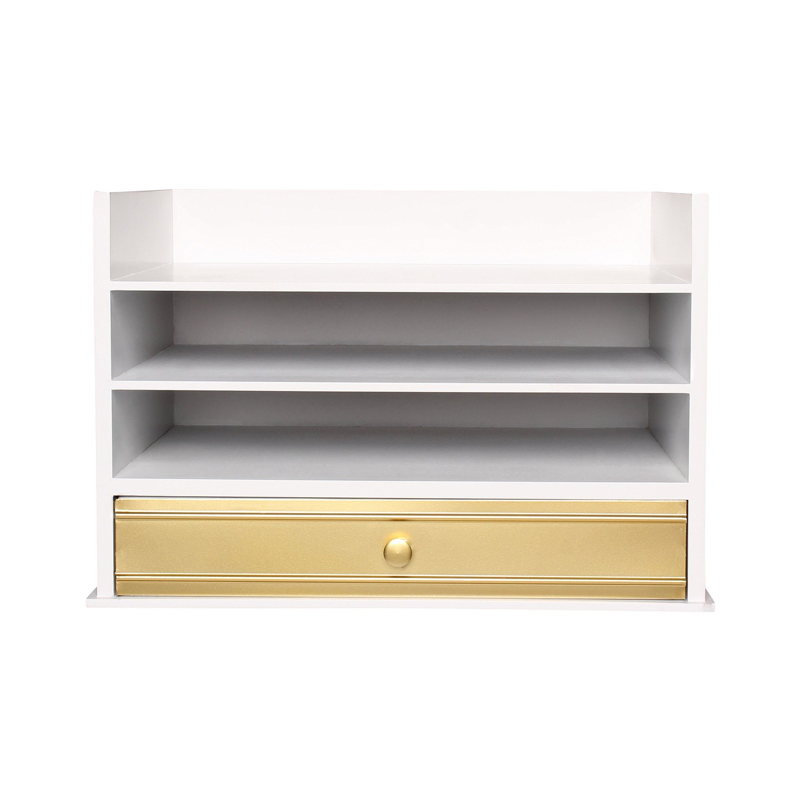 Industrious Desktop Wood Letter Tray with 3 Trays and Drawer, White and Gold
