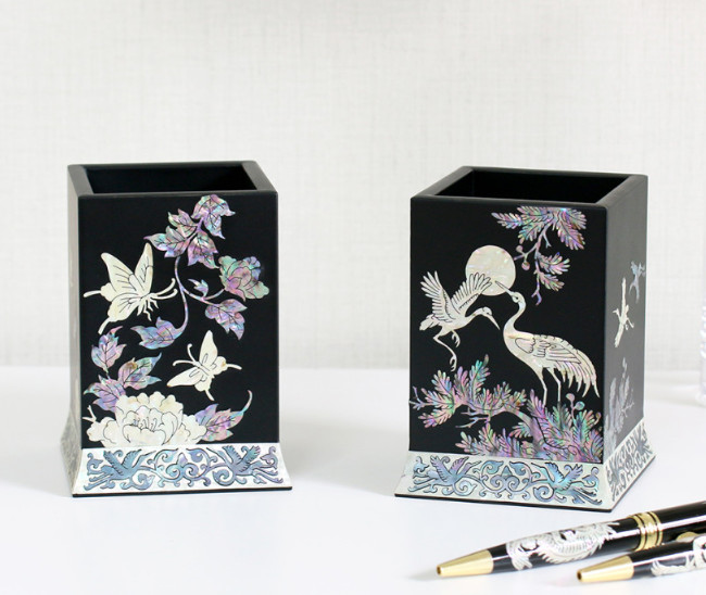Korean Mother of Pearl Lacquer Pen Holder Handmade Desk Organizer Office Decor