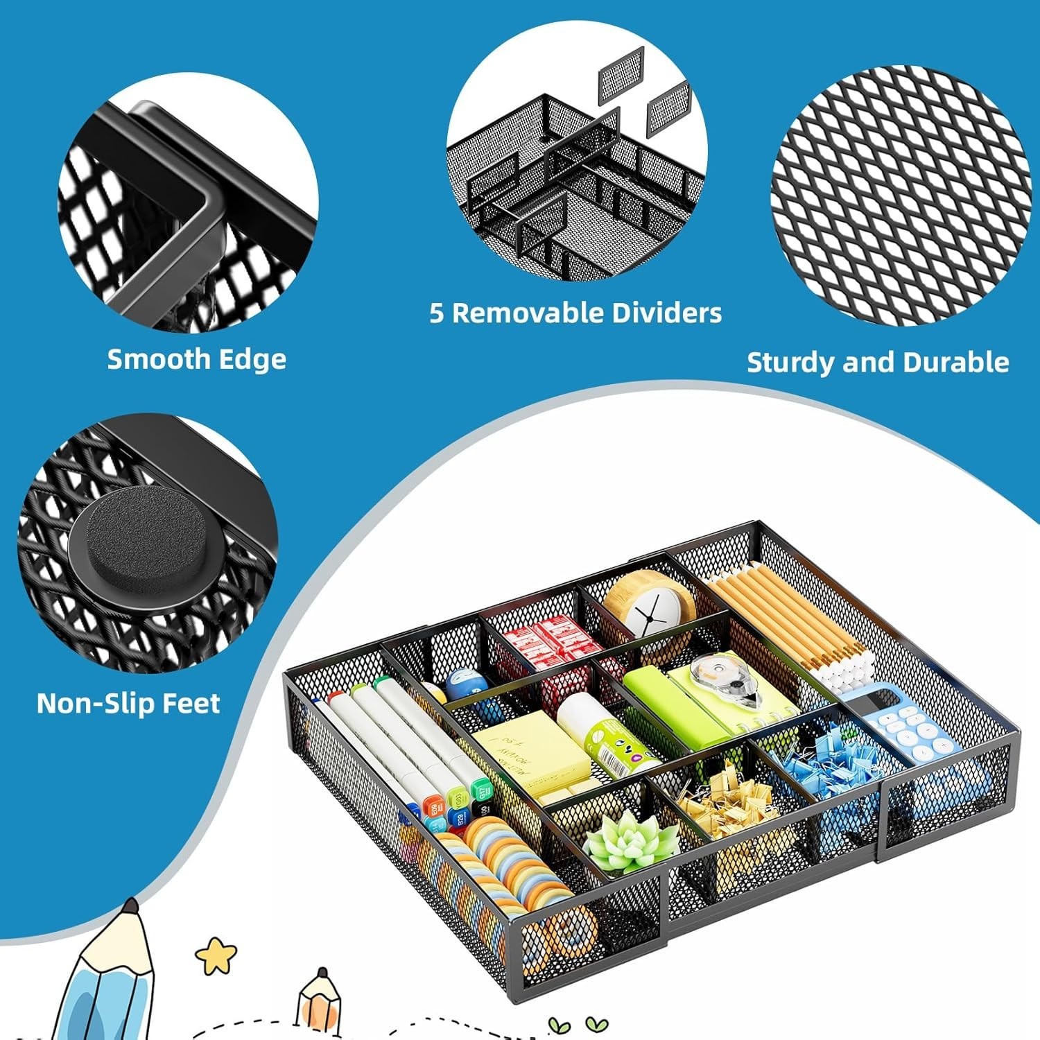 Marbrasse Expandable Desk Drawer Organizer, Mesh Drawer Organizer Tray with 10 A