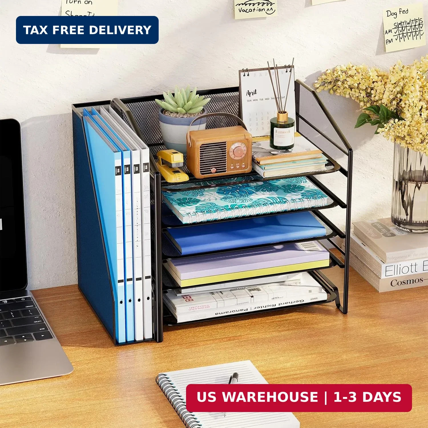 Simple Trending 5-Tier Desk File Organizer with Side File Shelf, Black | 15.4″L