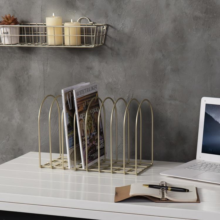 Brass Metal Wire File Folder Organizer Rack with 8-Slots and Arch Design