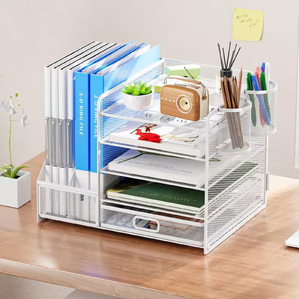 13.77 in X 11.02 in White Metal Desk Organizer with File Holder, 5-Tier Tray Org
