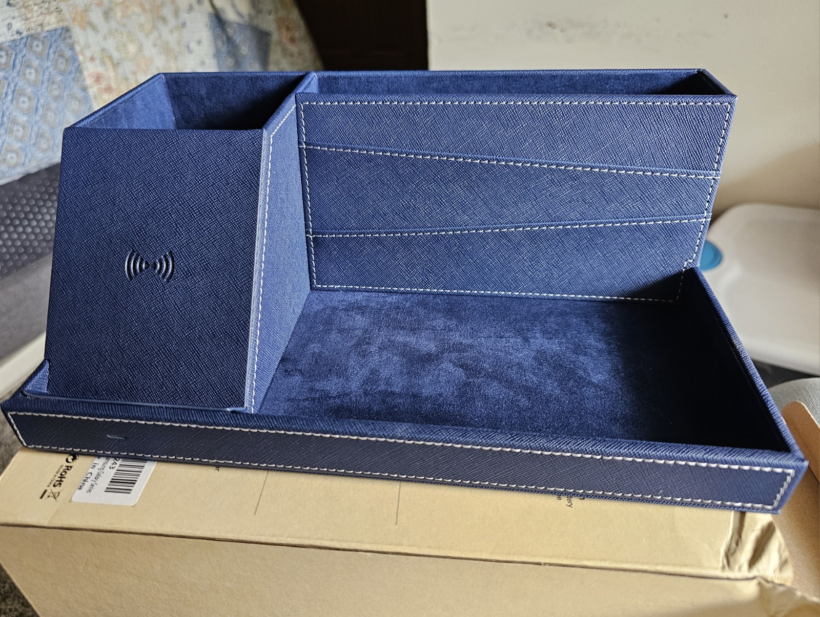 Blue Faux Leather Desk Organizer w/ Wireless Charging (new in box)