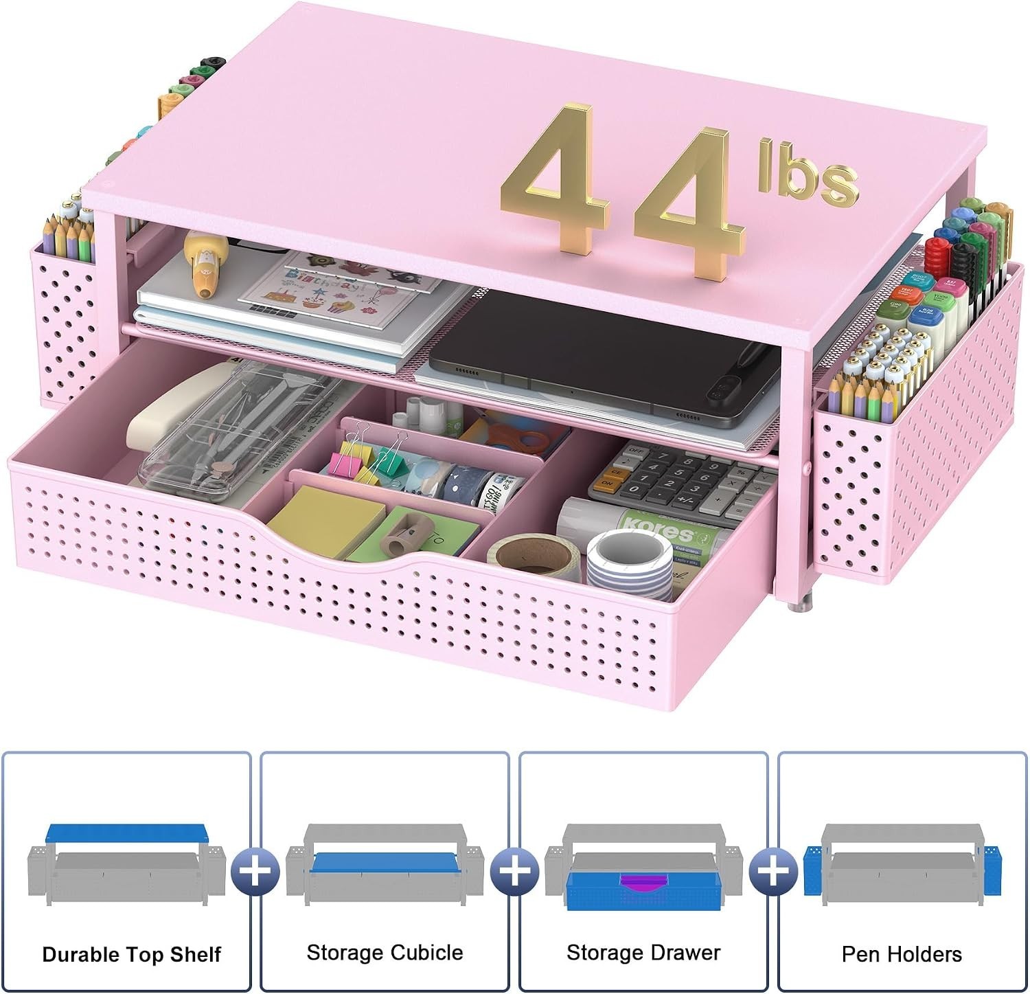 Ergonomic Desk Organizer: Pink Monitor Stand with Space-Saving Drawer & Holders