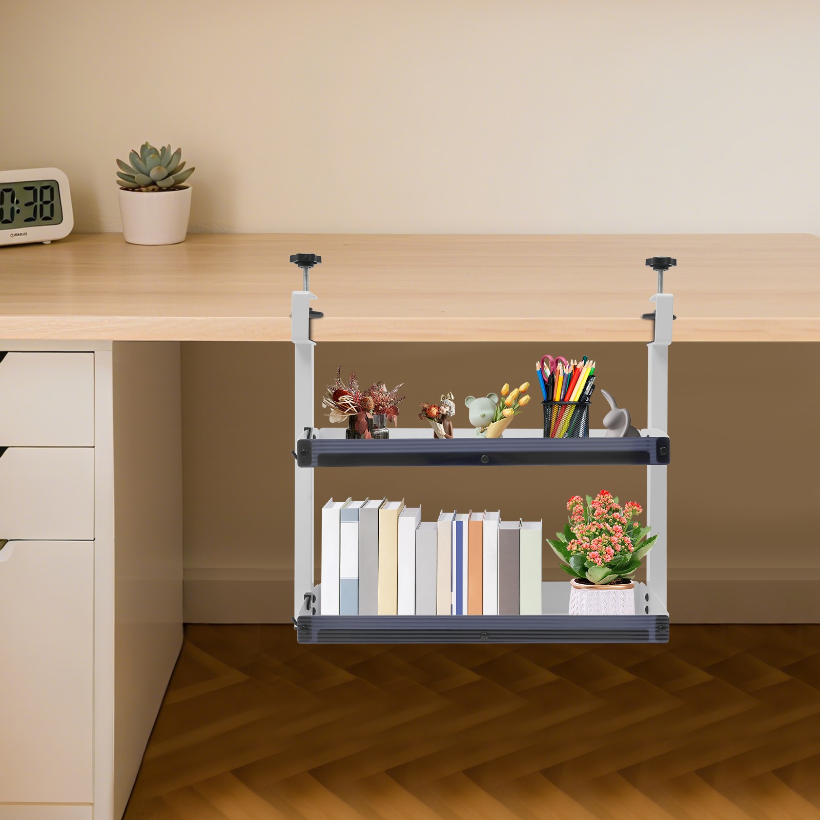 2-Tier Shelving with Adjustable Storage,White Storage Tray,for Living Rooms