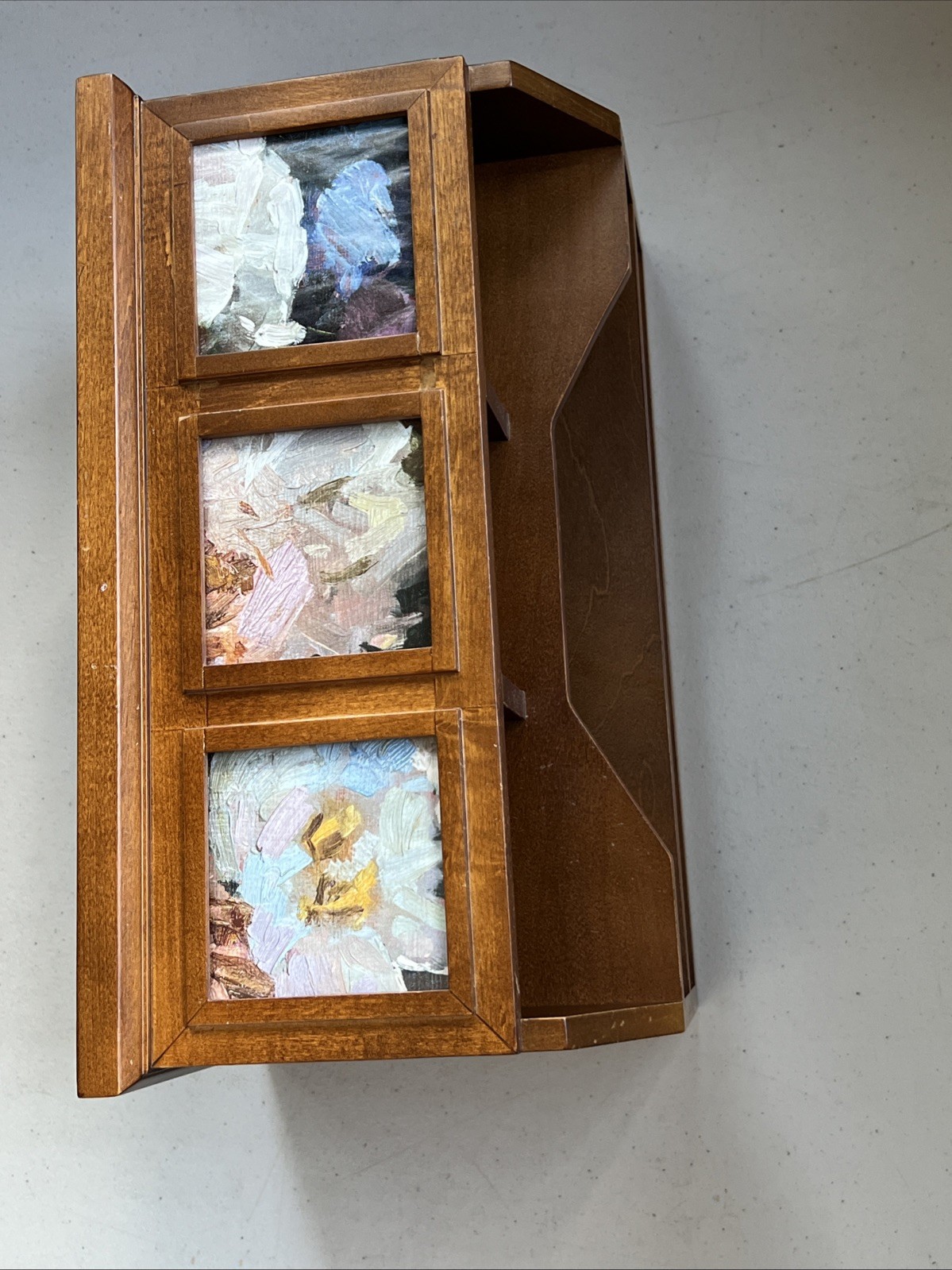 Vtg Bedford Pottery Barn Wood Desktop Organizer Mail File w/ 3 Floral Art – 13″