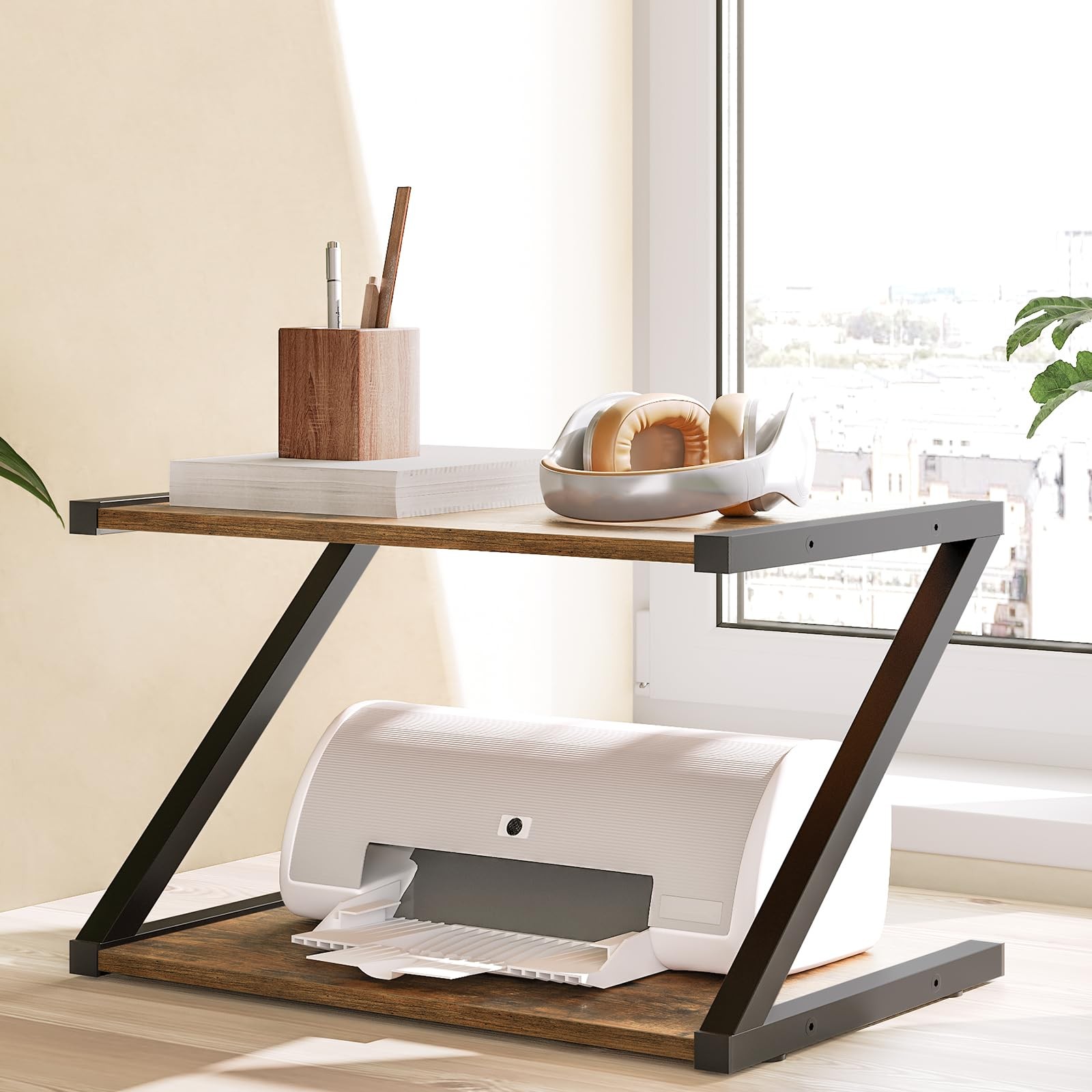YATINEY Desktop Printer Stand, 2-Tier Table Rustic Brown and Black