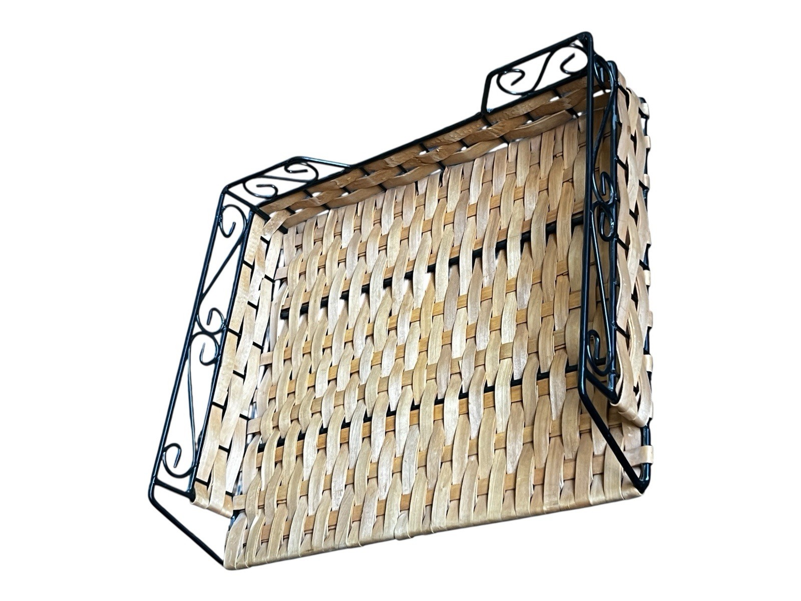 Woven Wicker Metal Desk File Organizer 13”L 11”W 3”T Excellent Used Condition