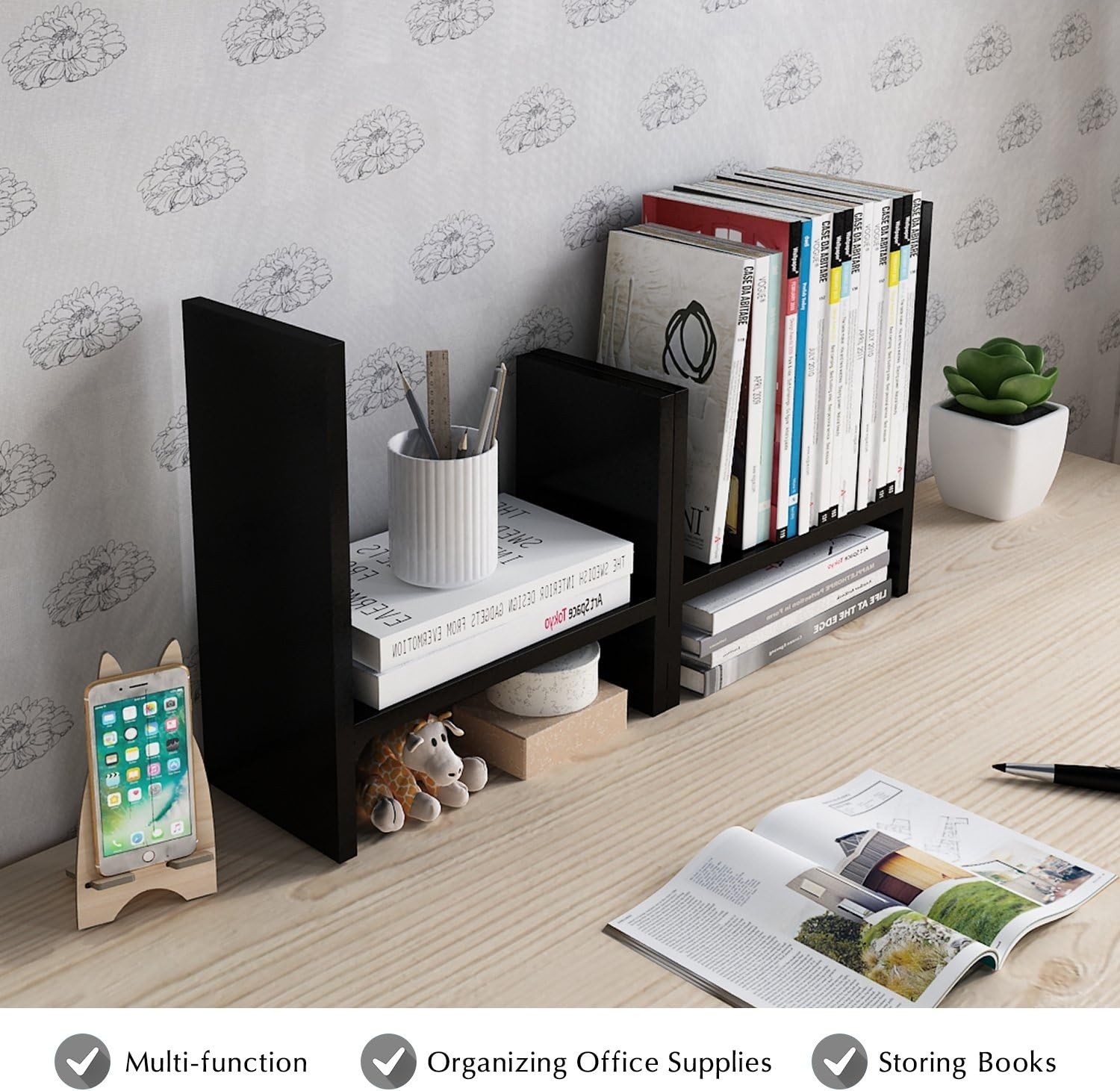 Wood Desktop Organizer Office Shelf Adjustable Double H Mini Bookshelf