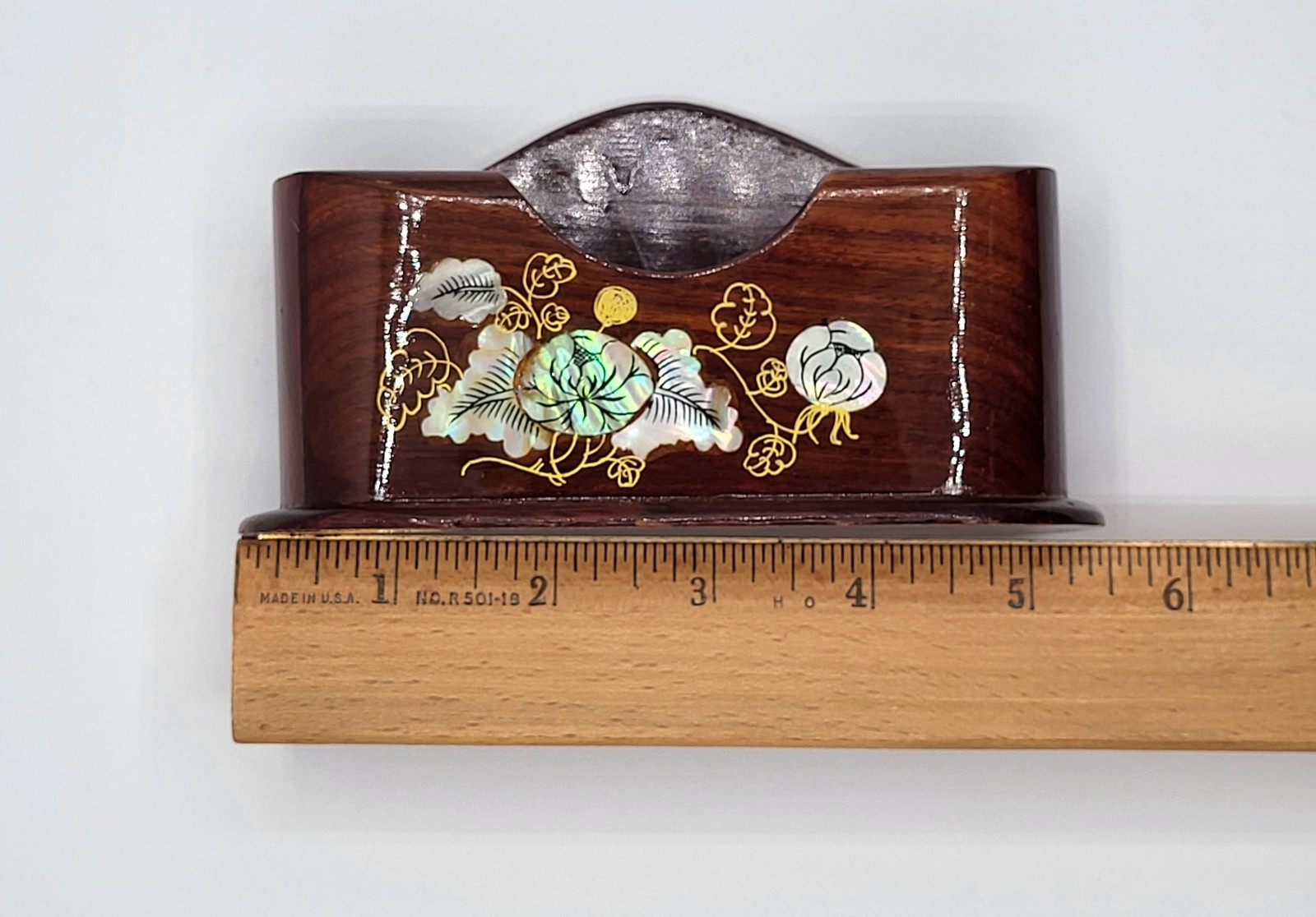 Vintage Pen & Business Card Holder Lacquer Wood w/ Floral Mother-Of-Pearl Inlay
