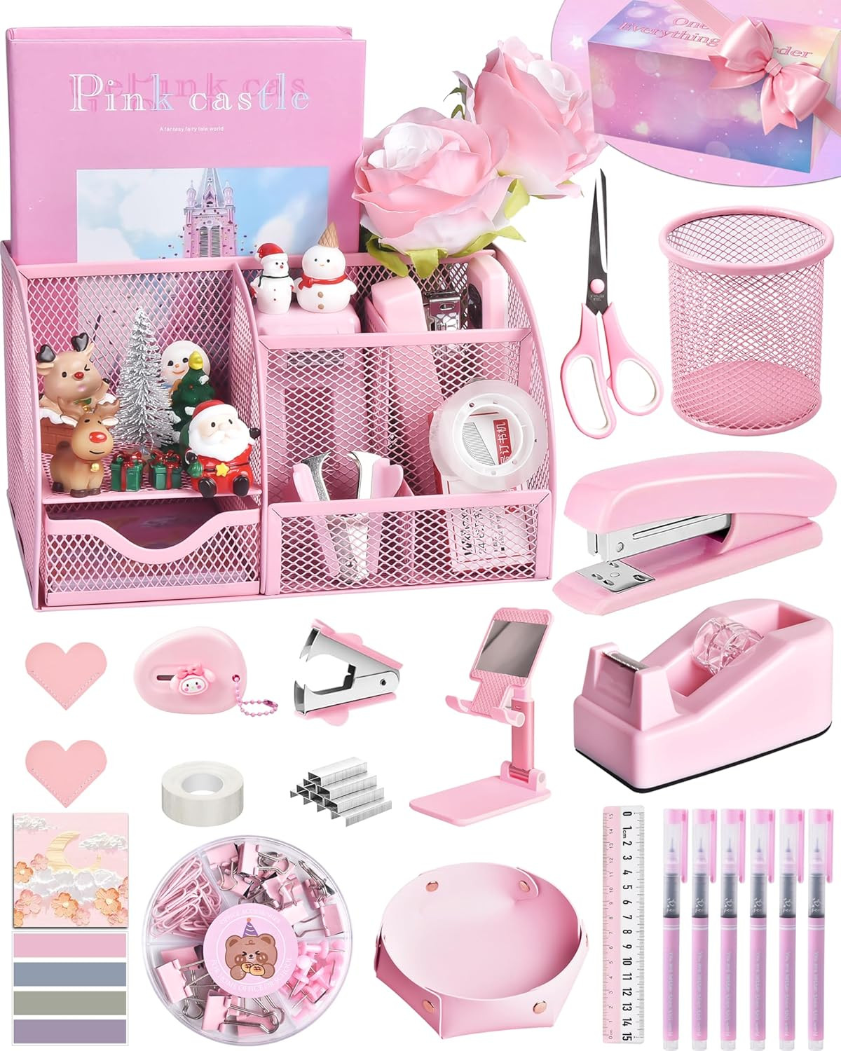 Pink Desk Accessories, 24Pcs Pink Office Supplies and Desk Organizers, with Tape