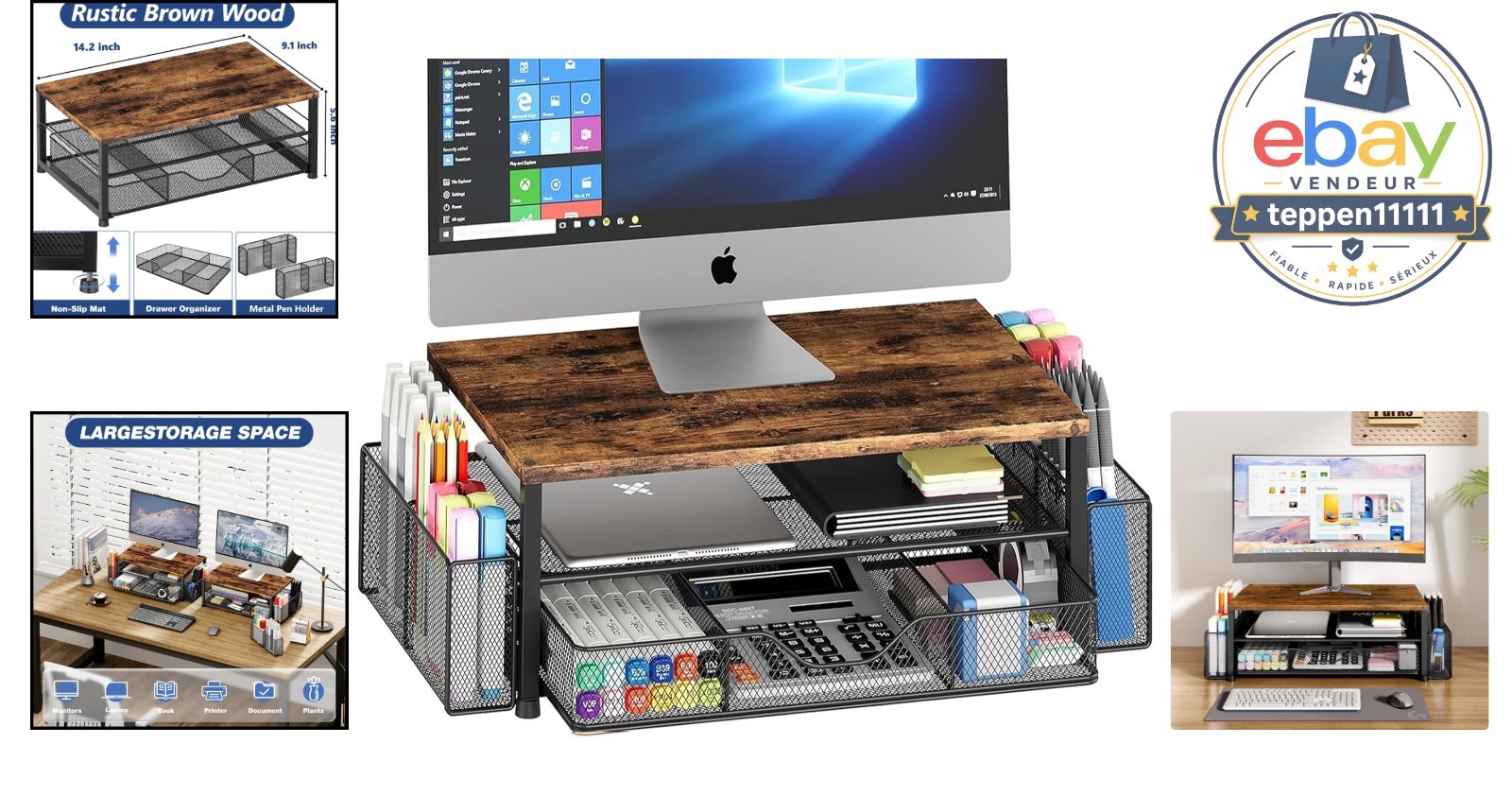 Wood Desk Organizer 2-Tier Computer Monitor Stand Riser Drawer Pen Holders