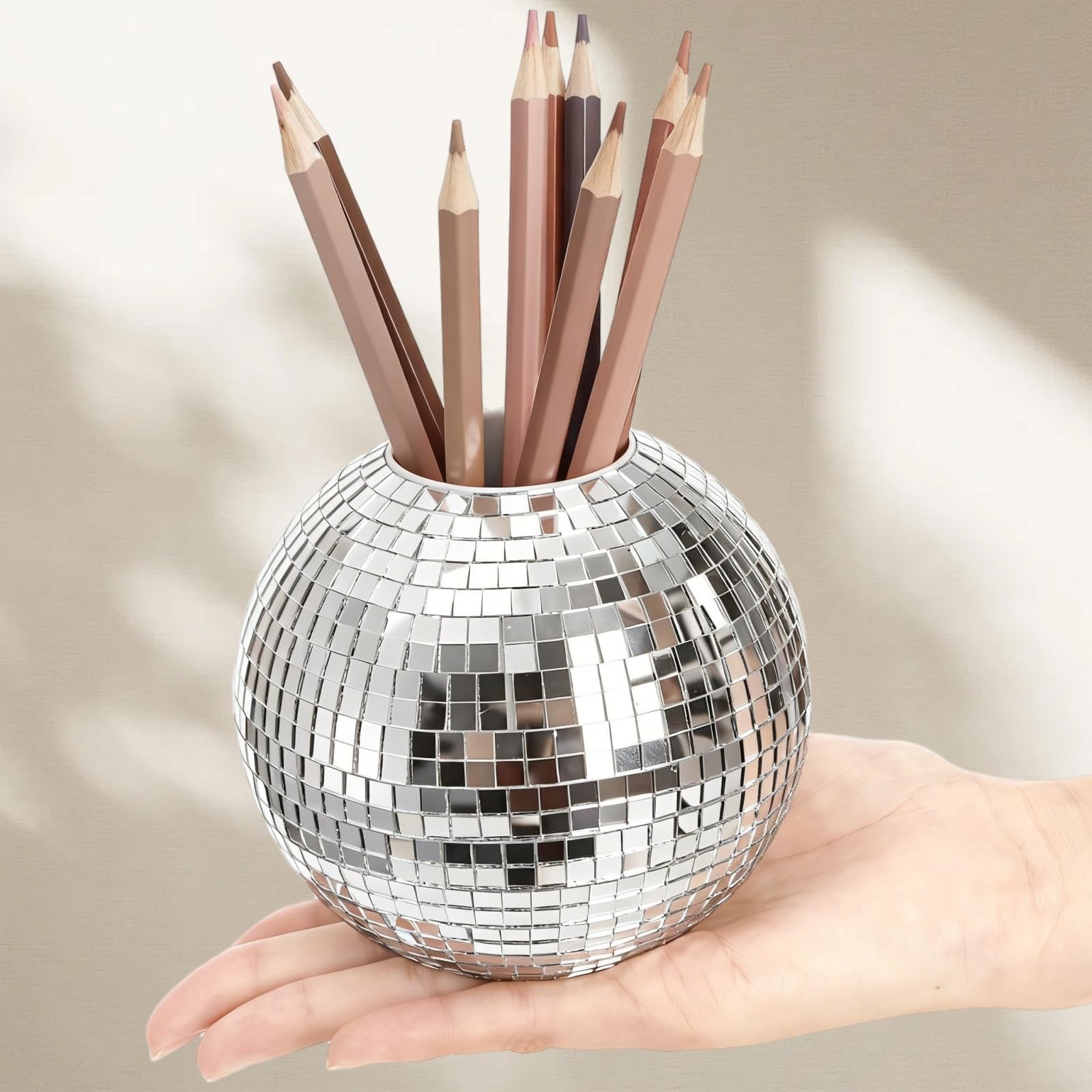 2 Pack Silver Disco Pen Holder for Desk, Cute Makeup Brush Holder Organizer, …