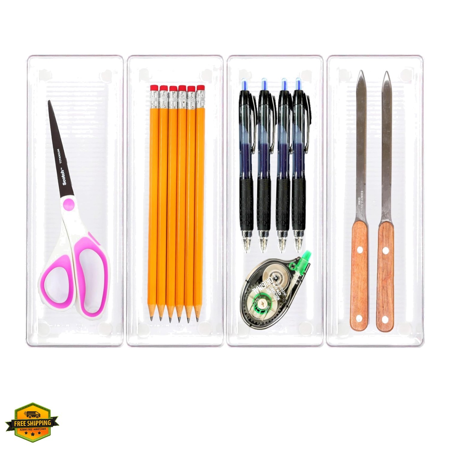 Clear Drawer Organizer for Office Bin Desk Storage, 3.25″x 9.5″, 4 Packs
