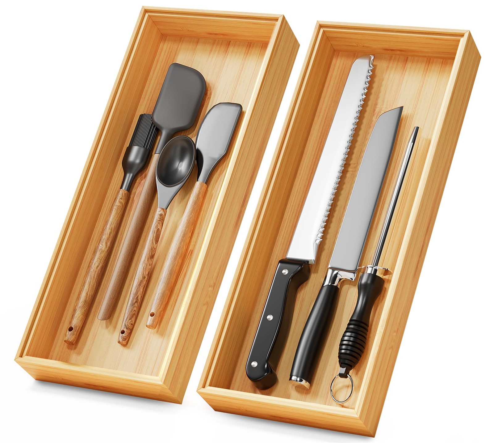 Bamboo Kitchen Drawer Organizer Set of 2, Stackable 15″ x 6″ x 2″,