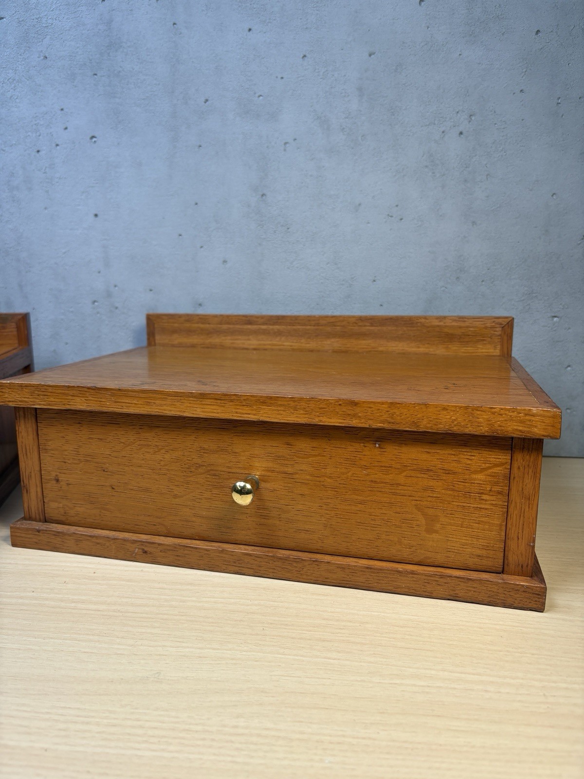 2 Vintage Scandinavian-style wooden shelf small desk organizer Brass Knob Oak
