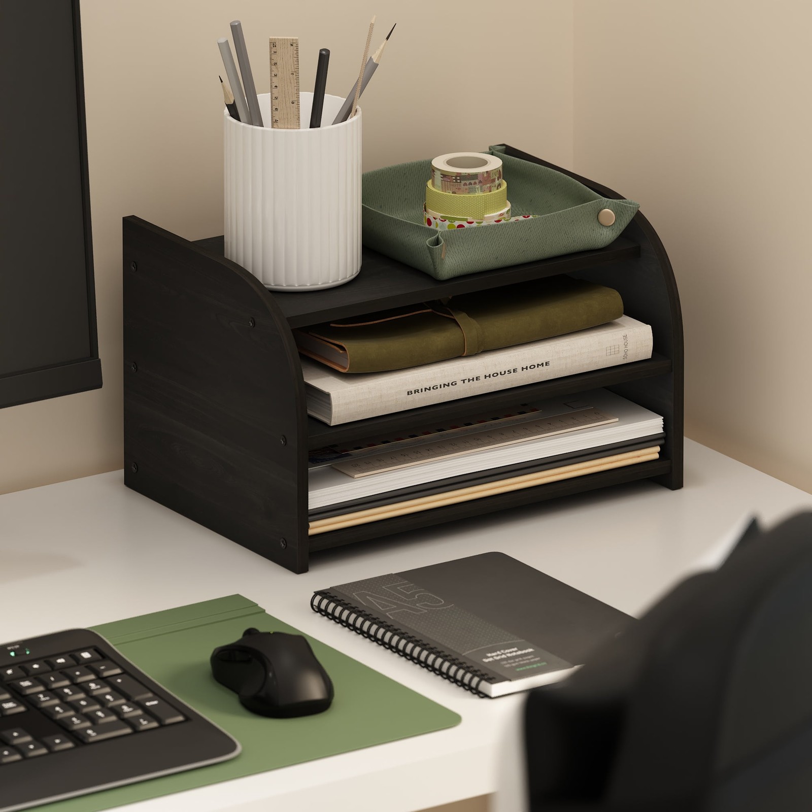 3-Tier Desk Top Organizer W/ Shelves For Papers & Supplies Wood Finish