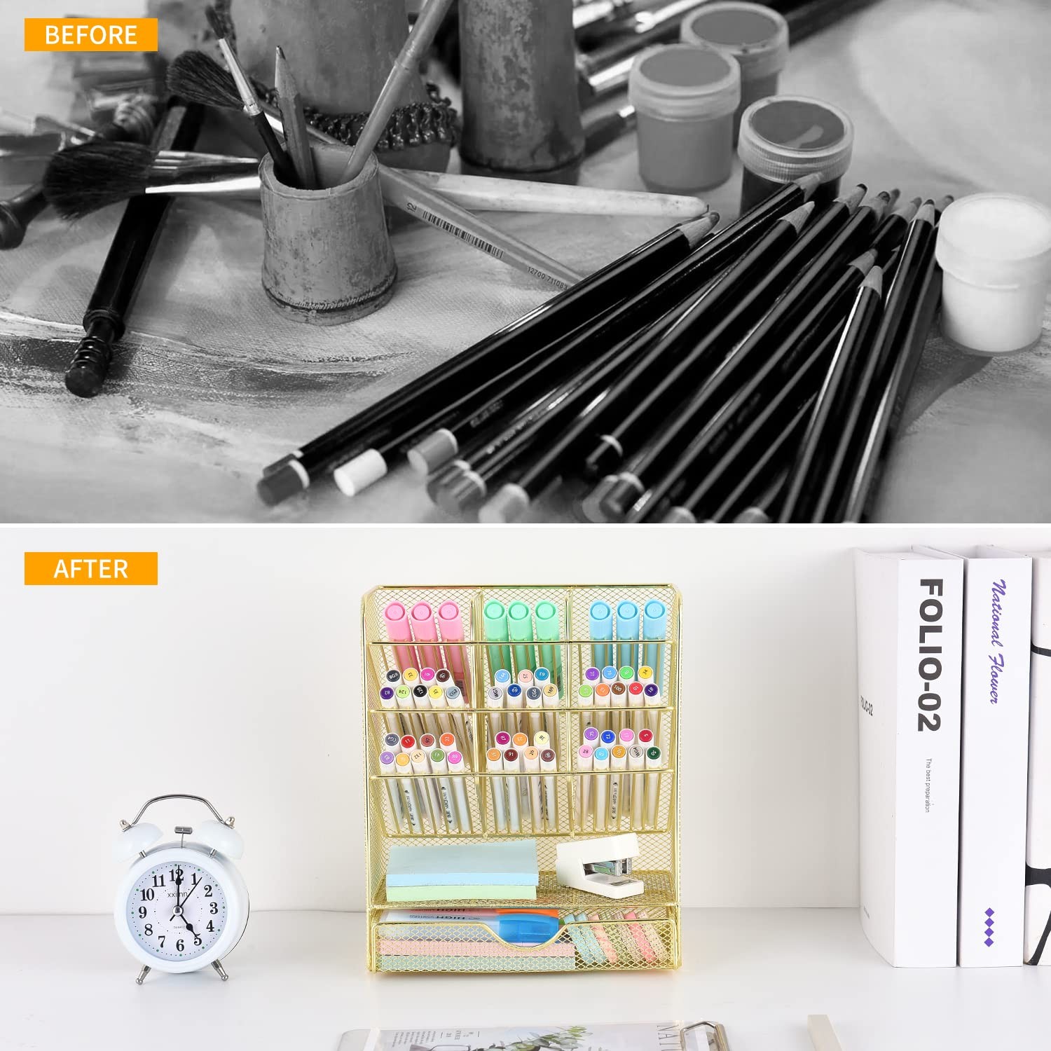 Spacrea Mesh Pen Organizer – Pencil Holder for Desk, Desk with Gold