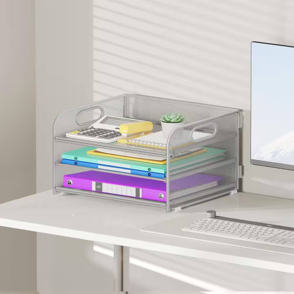 7.5 In. X 12.6 In. 3 Tier Paper Organizer with Handle, Metal Mesh Desk Organizer