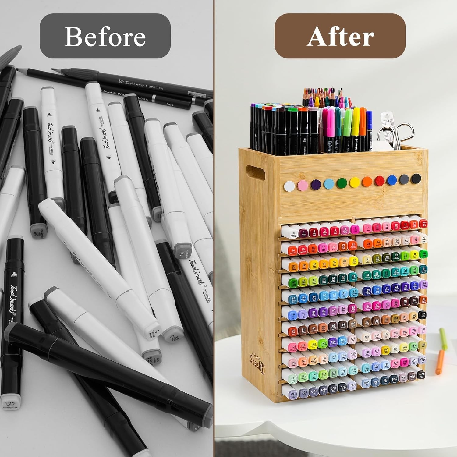 Marker Organizer for Desk – 154 Capacity Wooden Marker Holder – Ergonomic Han…