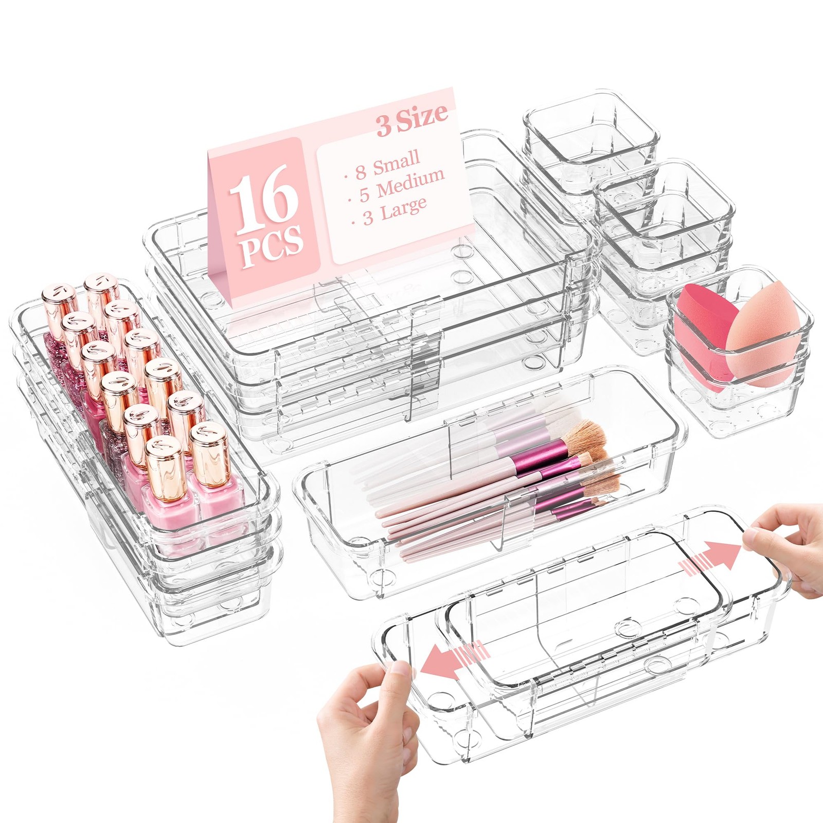 16 Pcs Clear Extendable Drawer Organizer, Adjustable Drawer Storage 3-Size De…