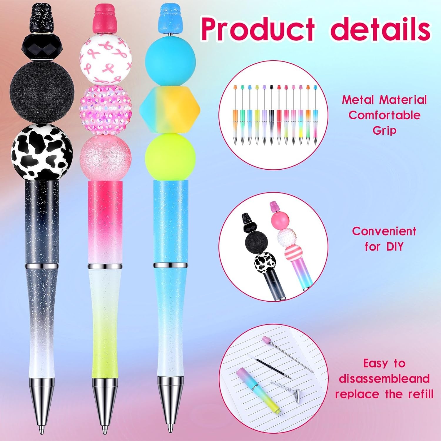 148 Pcs Beadable Pen Set Back to School Gift 48 Plastic Beadable Pen 48 Resealab
