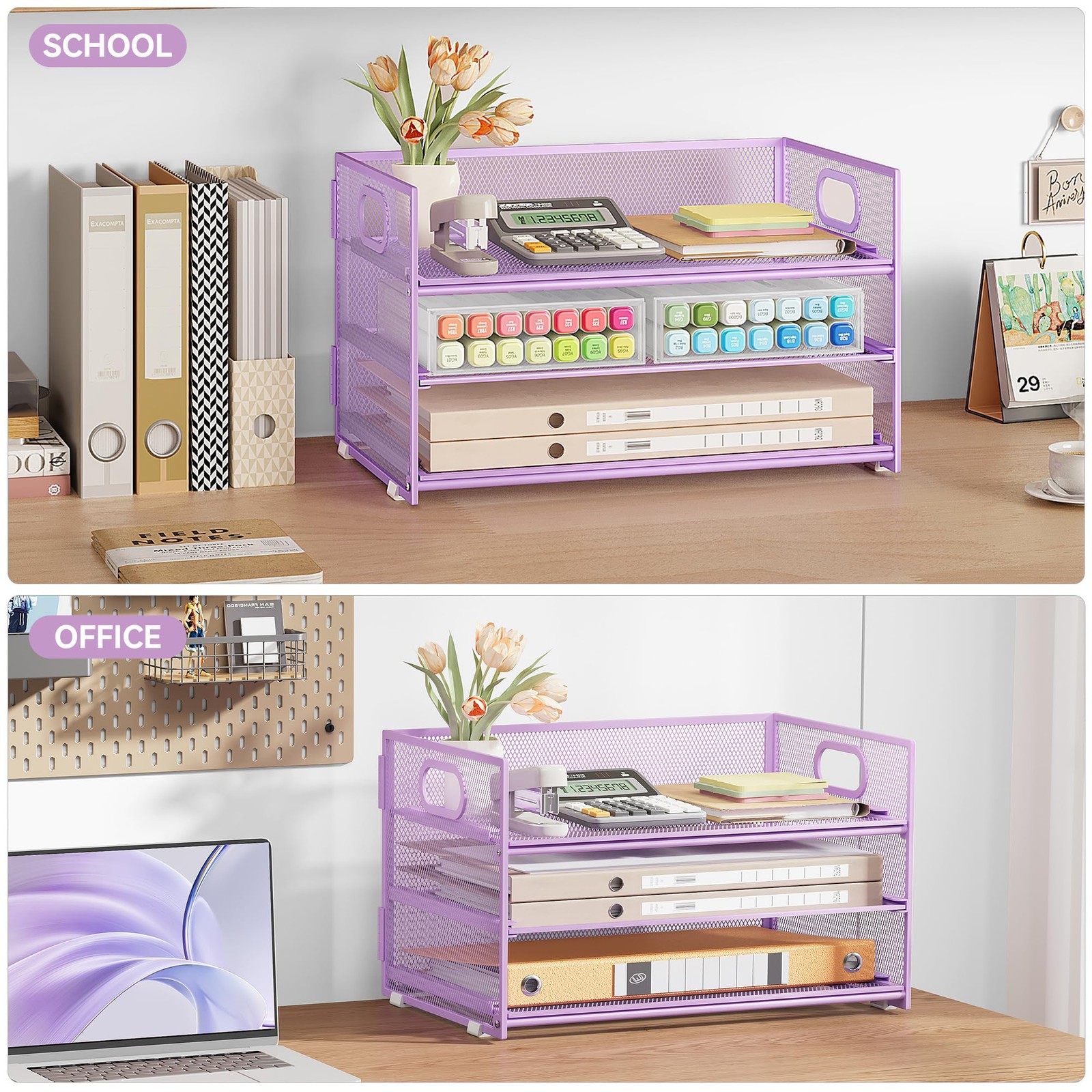 Subekyu 3 Tier Letter Tray Paper Organizer with 12.6″ x 9.1″ x 8.1″, Purple