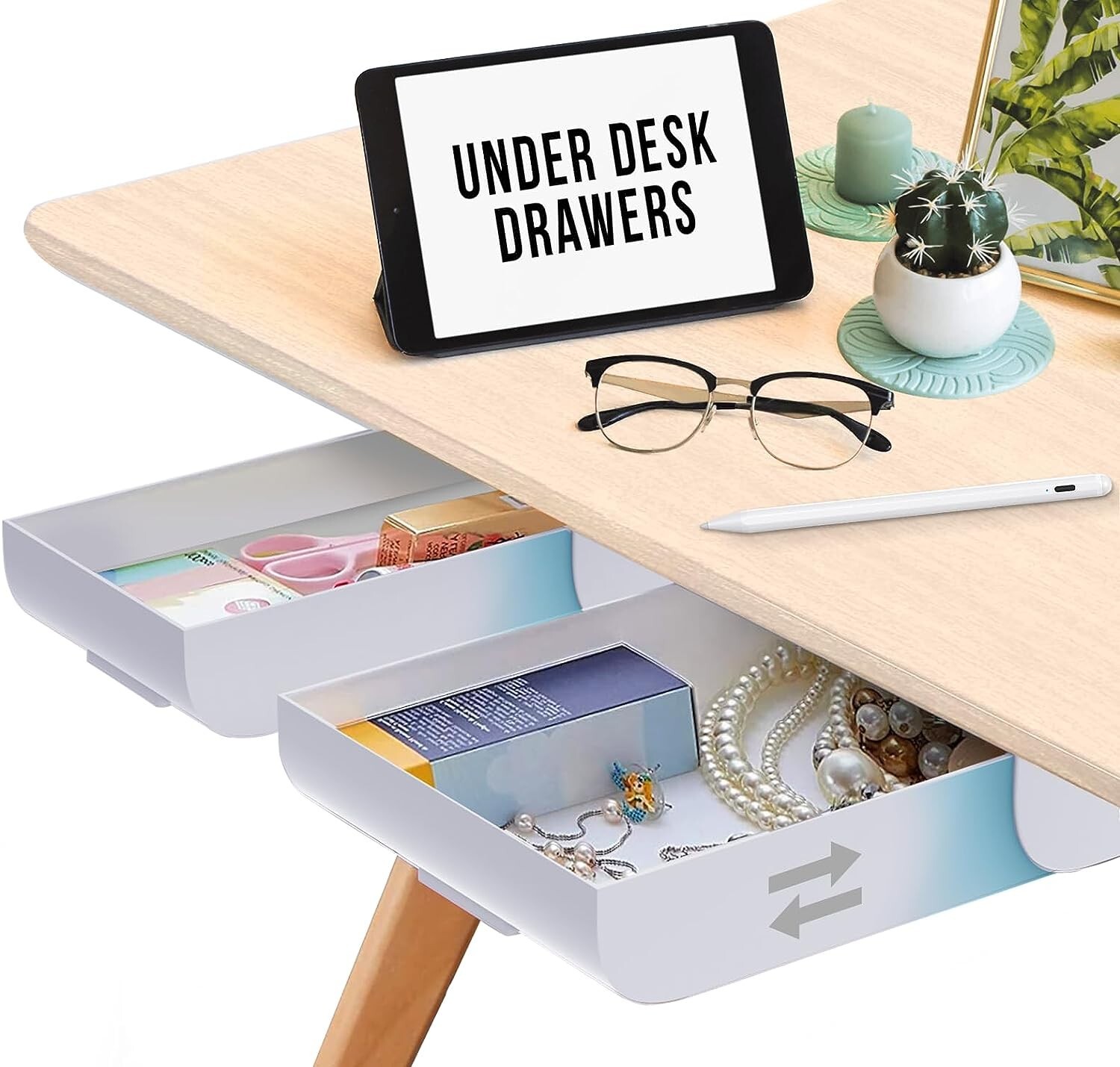 2 Pack Under Desk Storage, Plastic Desk Accessories, Slide Out Desk