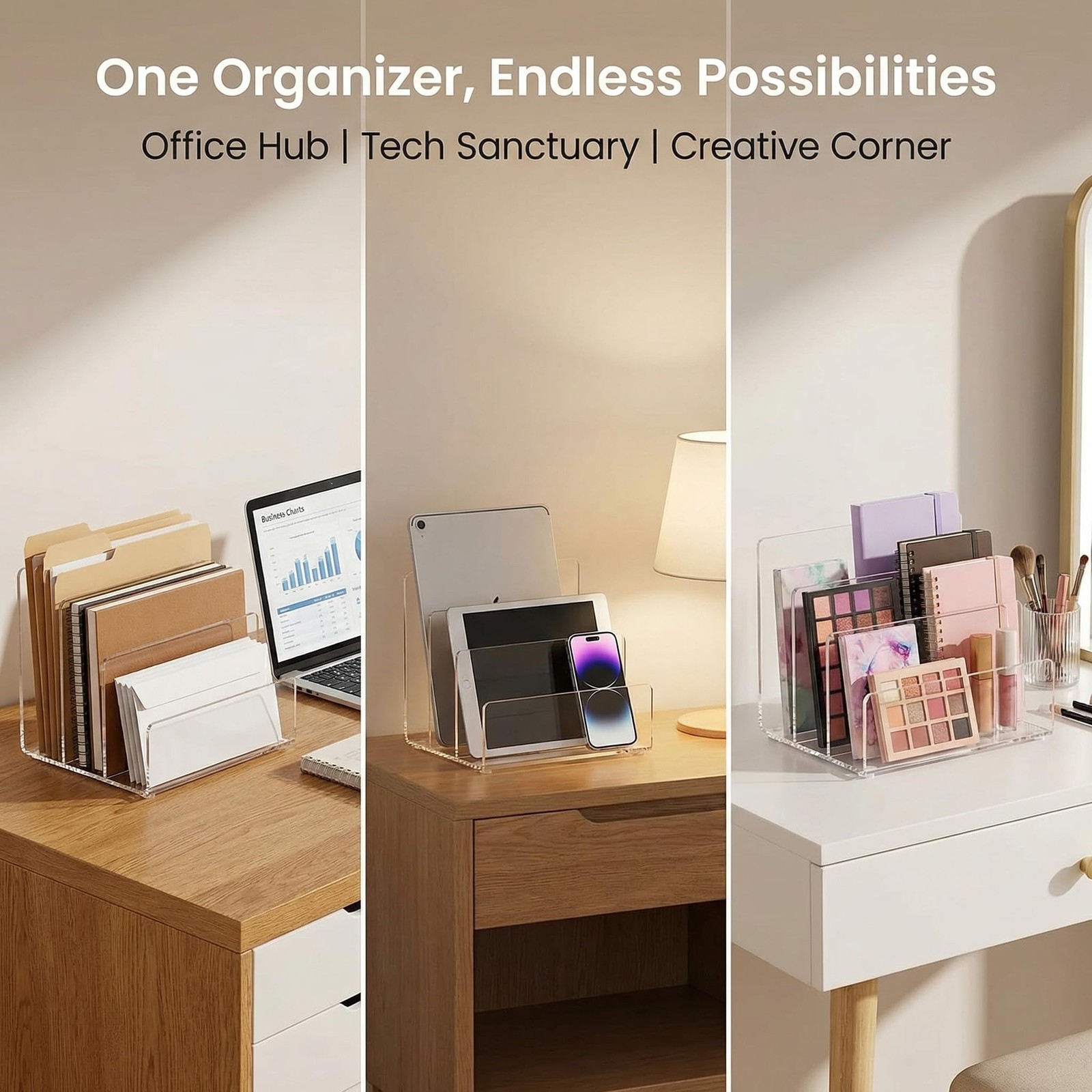Clear Acrylic 3 Section Vertical Desktop Organizer File Holder 9×6.5×6.5 Inch
