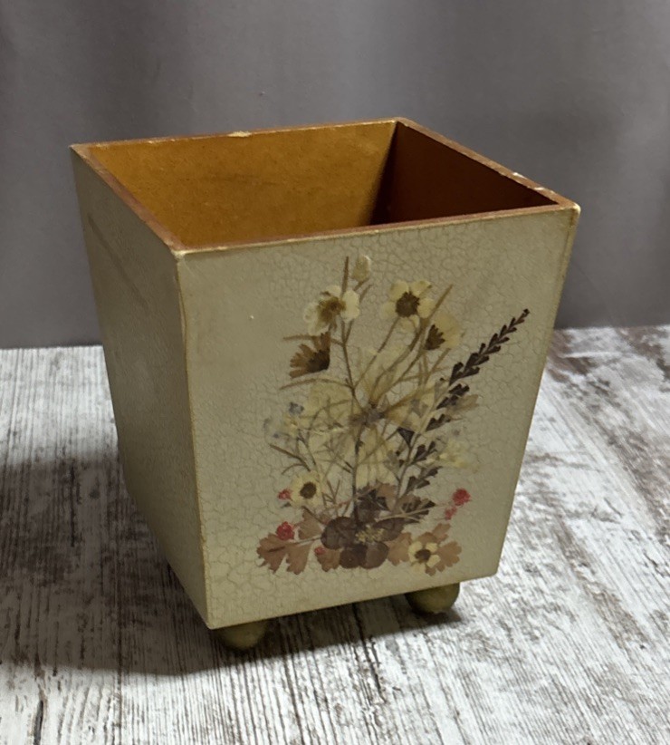 Vintage Pressed Flowers Square Pen Holder Pencil Cup Desktop Caddy Organizer