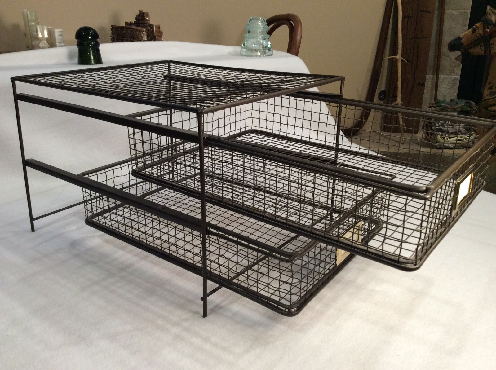 Vintage Metal Wire Office Desk Top File Paper Double Sliding Basket Storage Bin