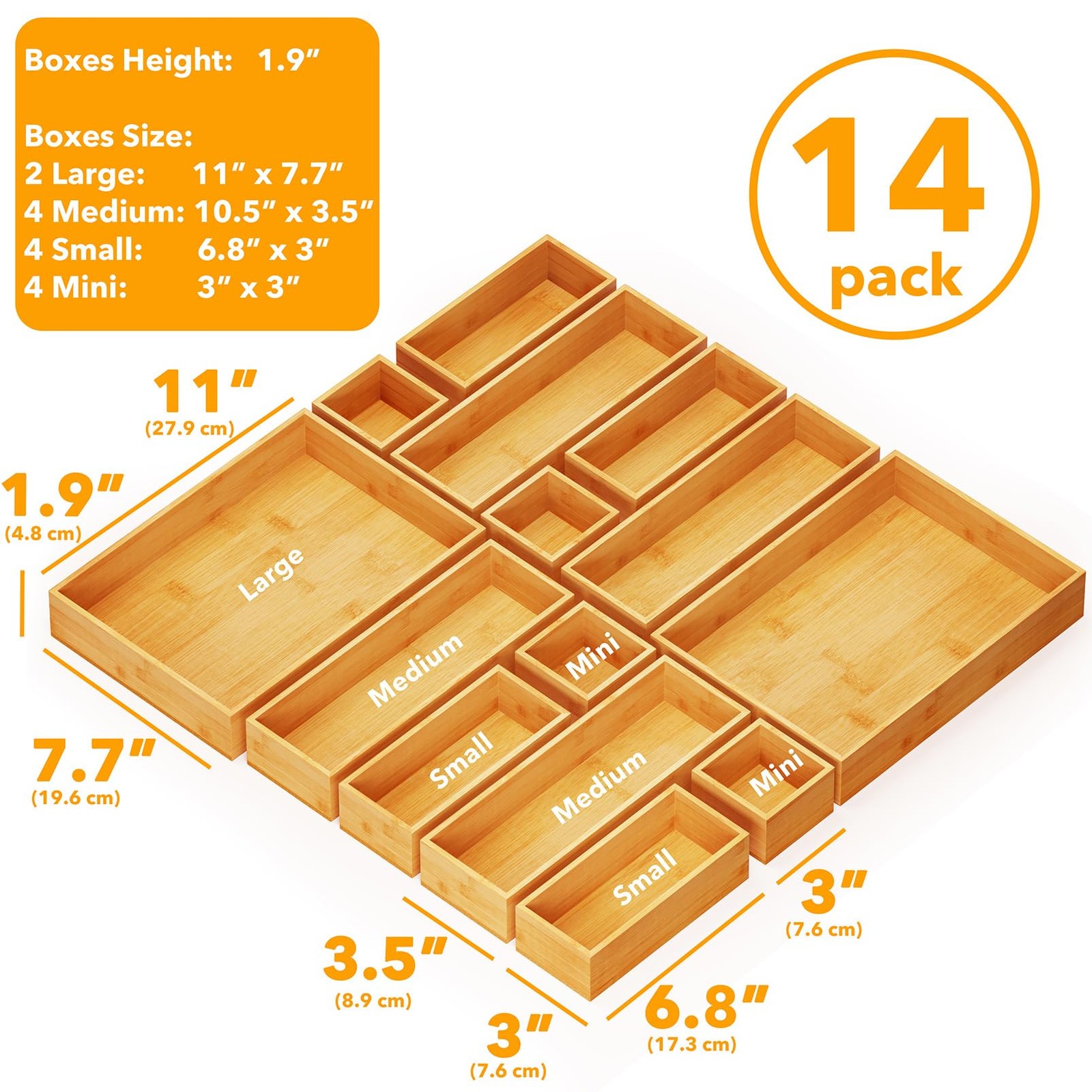 SpaceAid 14-Piece Bamboo Drawer Organizer Storage Boxes 14-Piece, Natural