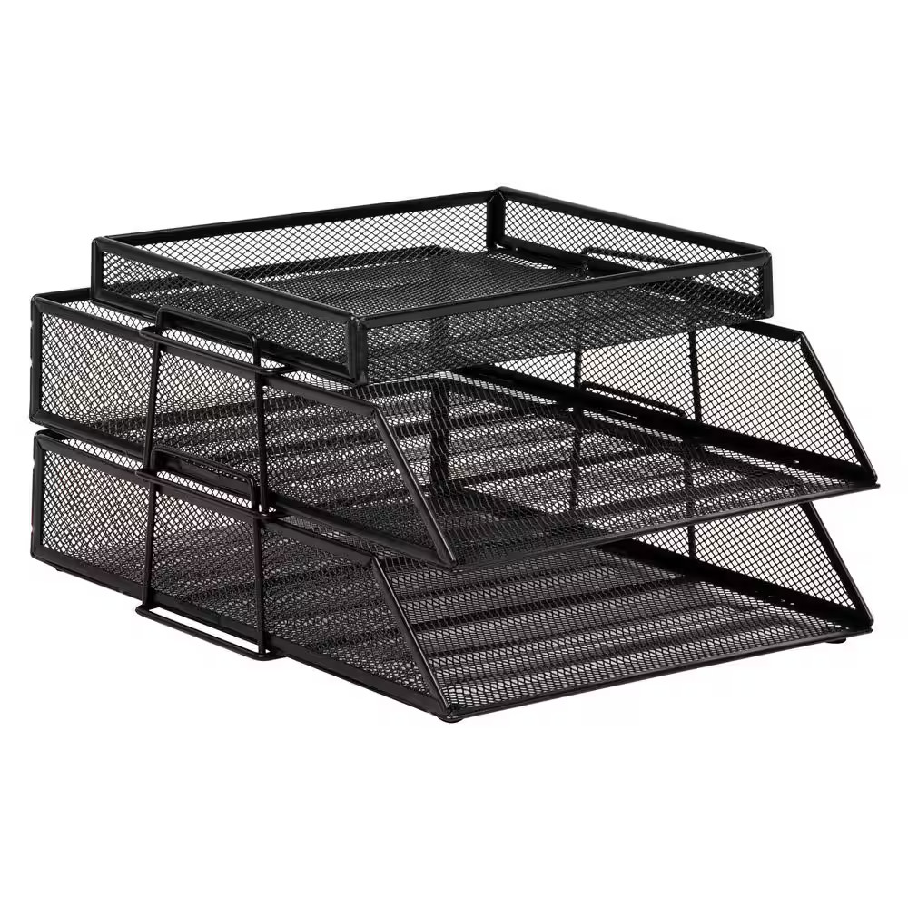 2 Tier Paper Tray with Top Supply Compartment, Desktop File Organizer, Metal Mes