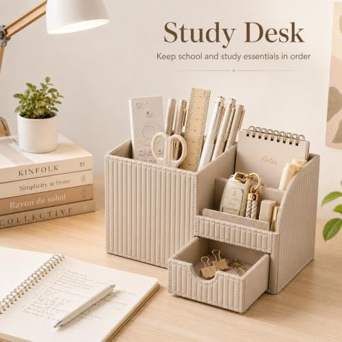 PU Leather Desk Organizer with Drawer Pen Holder Multi-Compartment Office