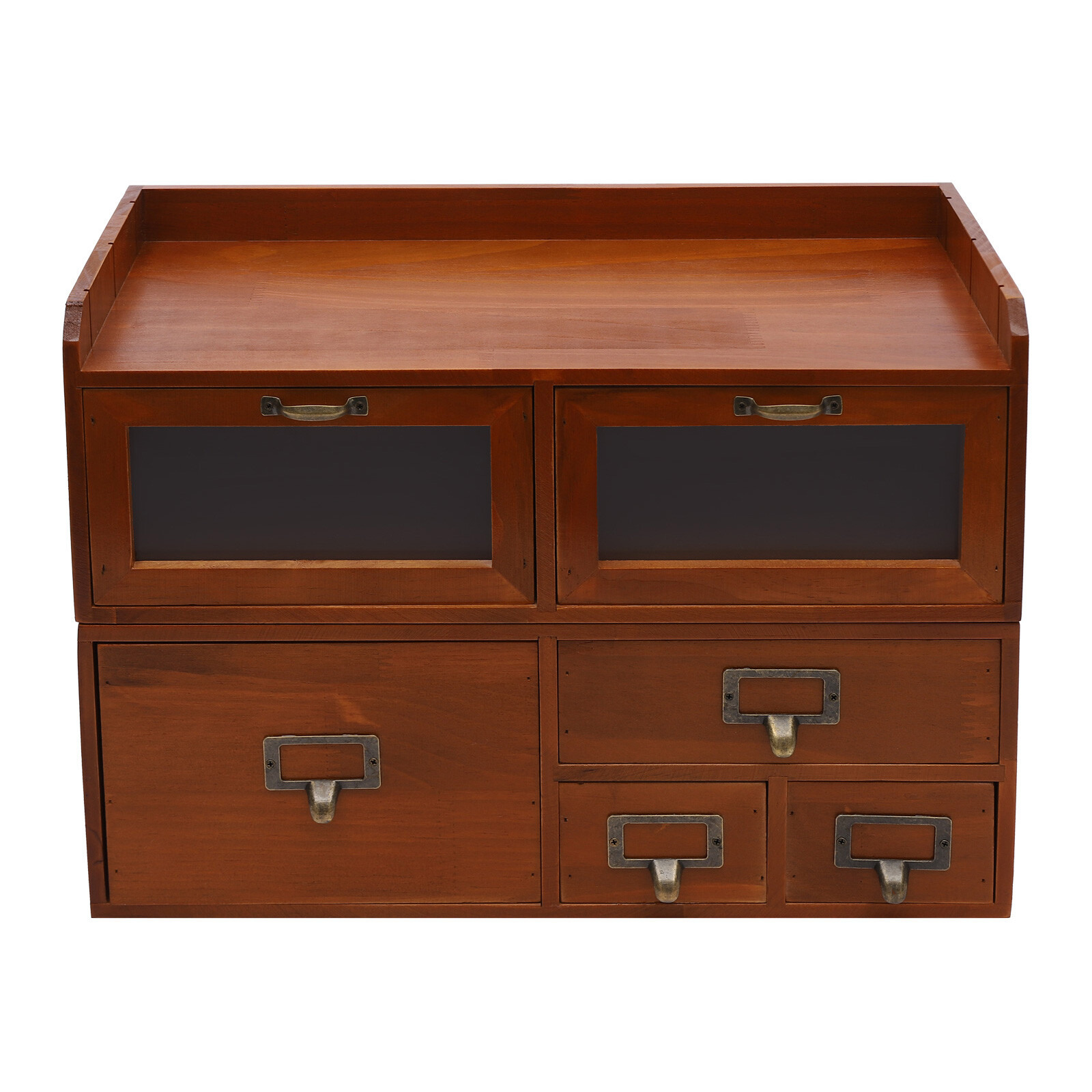 Retro Brown 6-Drawer Desktop Organizer Pine Wood Clear Acrylic Door
