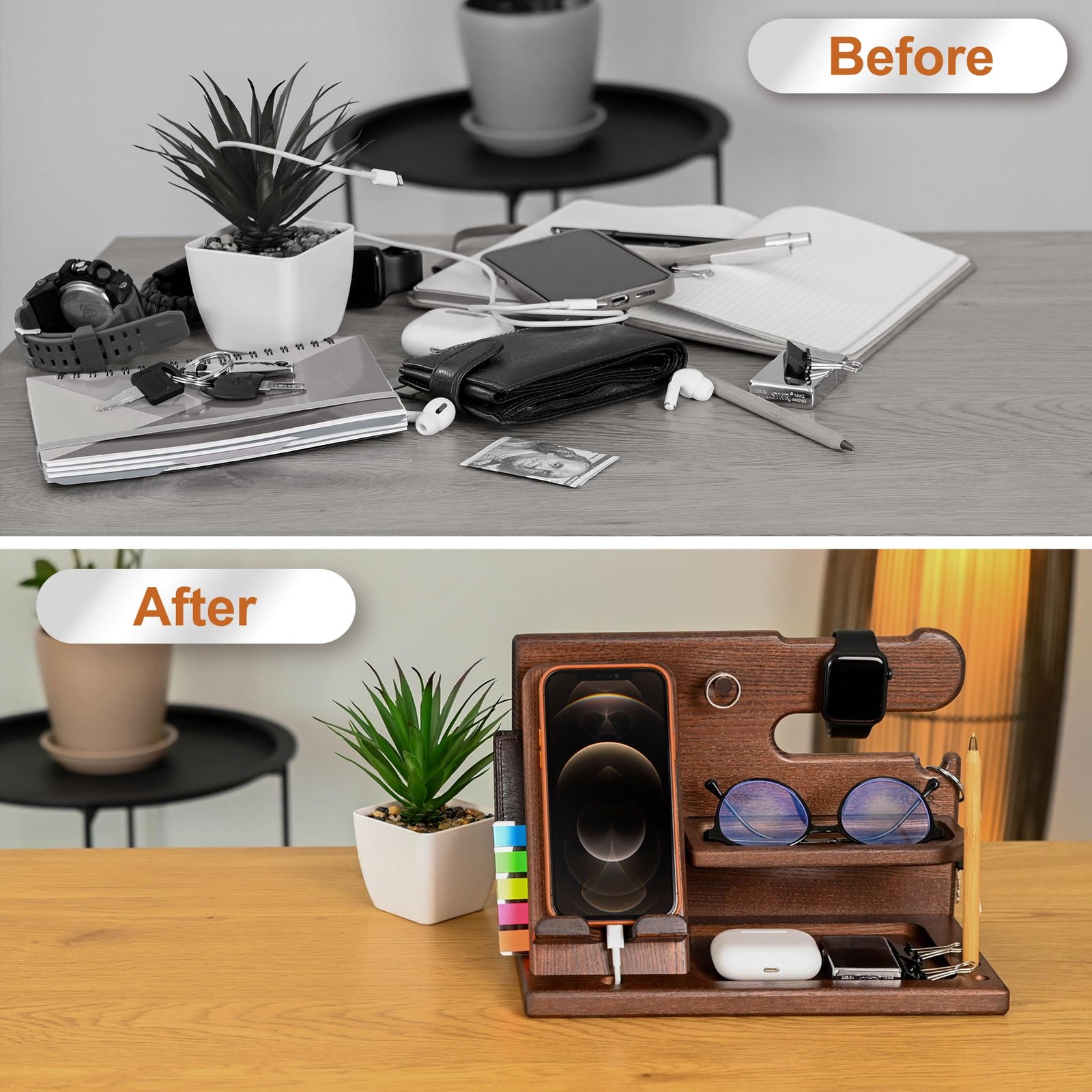 Wood Phone Docking Station for Men – Desk or Nightstand Bourbon Brown