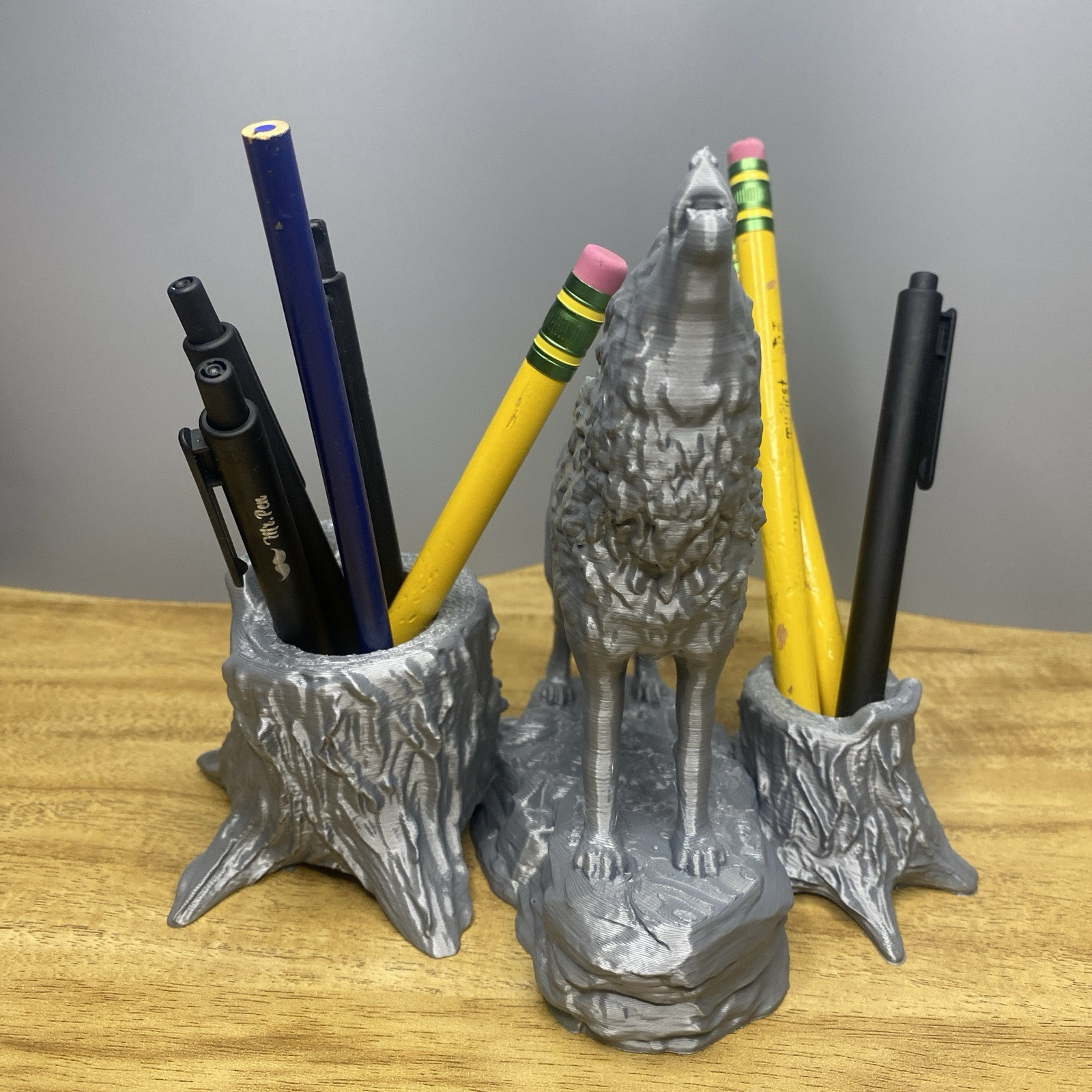Gray Wolf Pen & Pencil Holder – Unique Desk Organizer