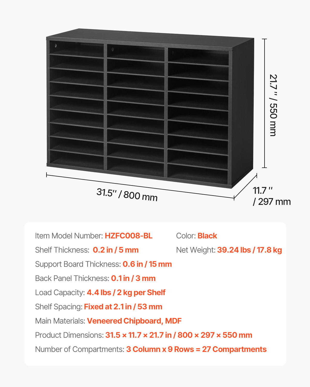 Uimoso Wooden Literature Organizer 27 Compartments with Removable Shelves Black