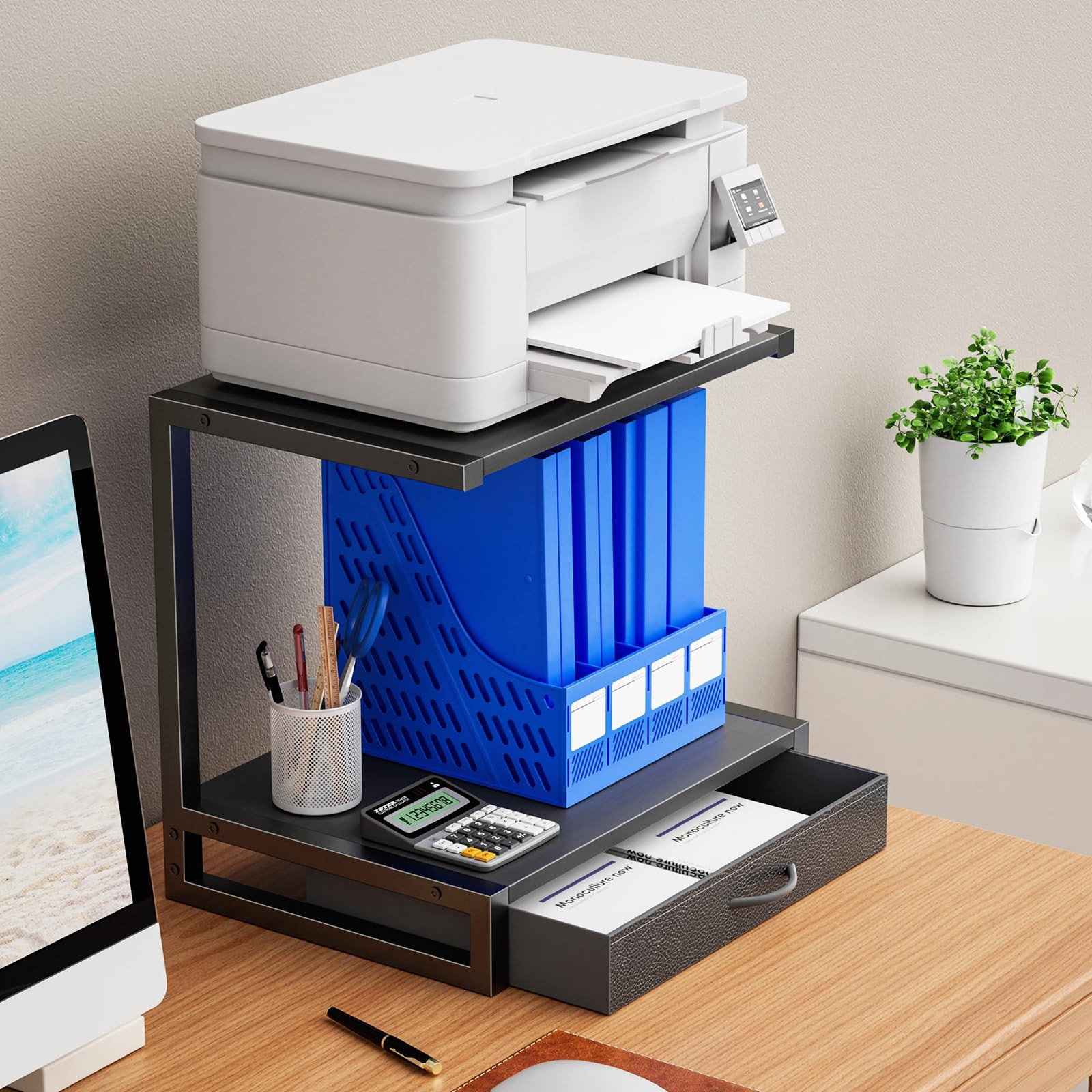 YAOHUOO 2-Tier Desktop Printer Stand with Fabric Drawer, Middle, Black