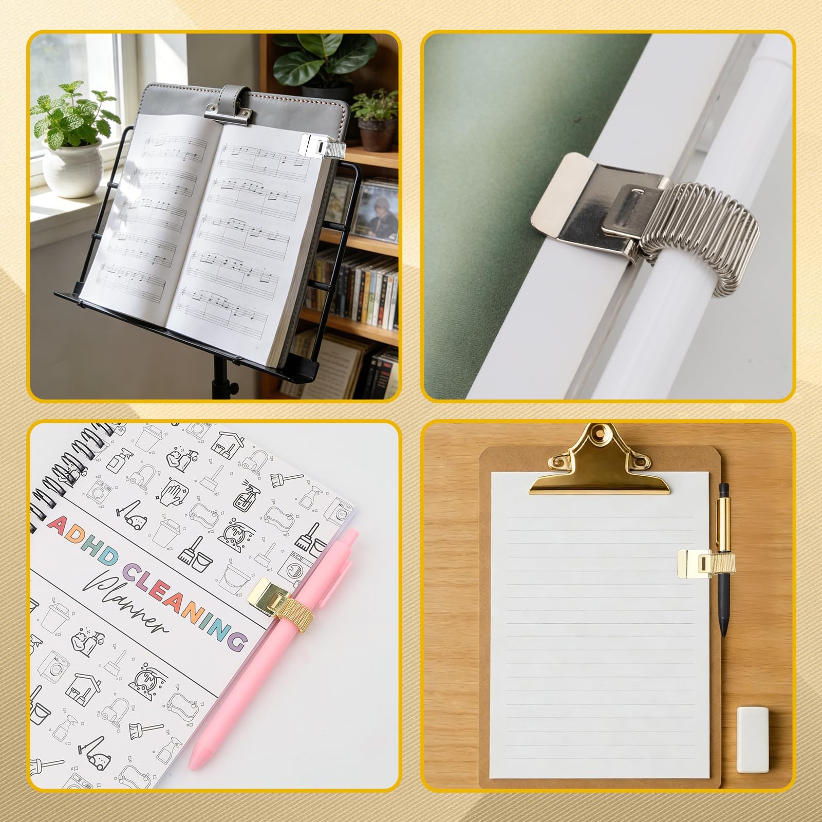 4-Pack Pen Clipboard Holder – Gold and Silver Metal Pencil Holder Clips – Adj…