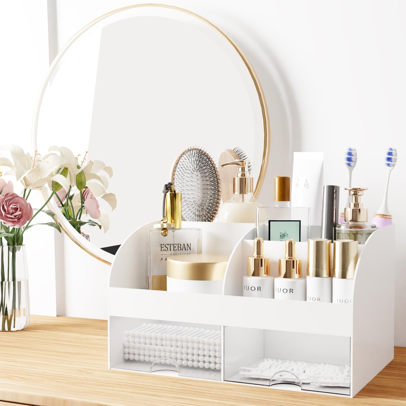 Makeup Organizer with Drawers, Cosmetic Storage for Dresser Vanity and White